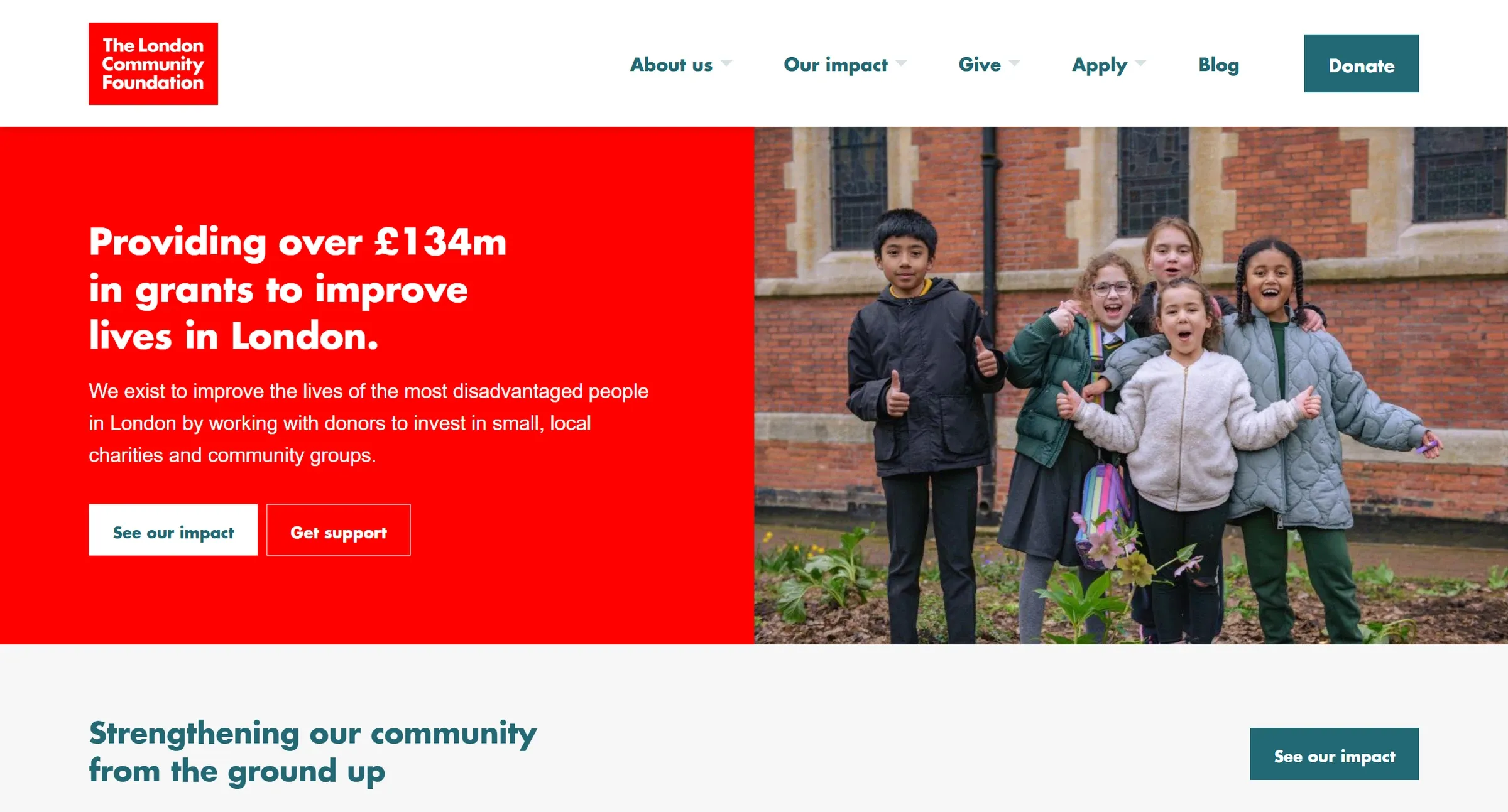 The London Community Foundation homepage, its grant total set as the headline beside a photograph of children