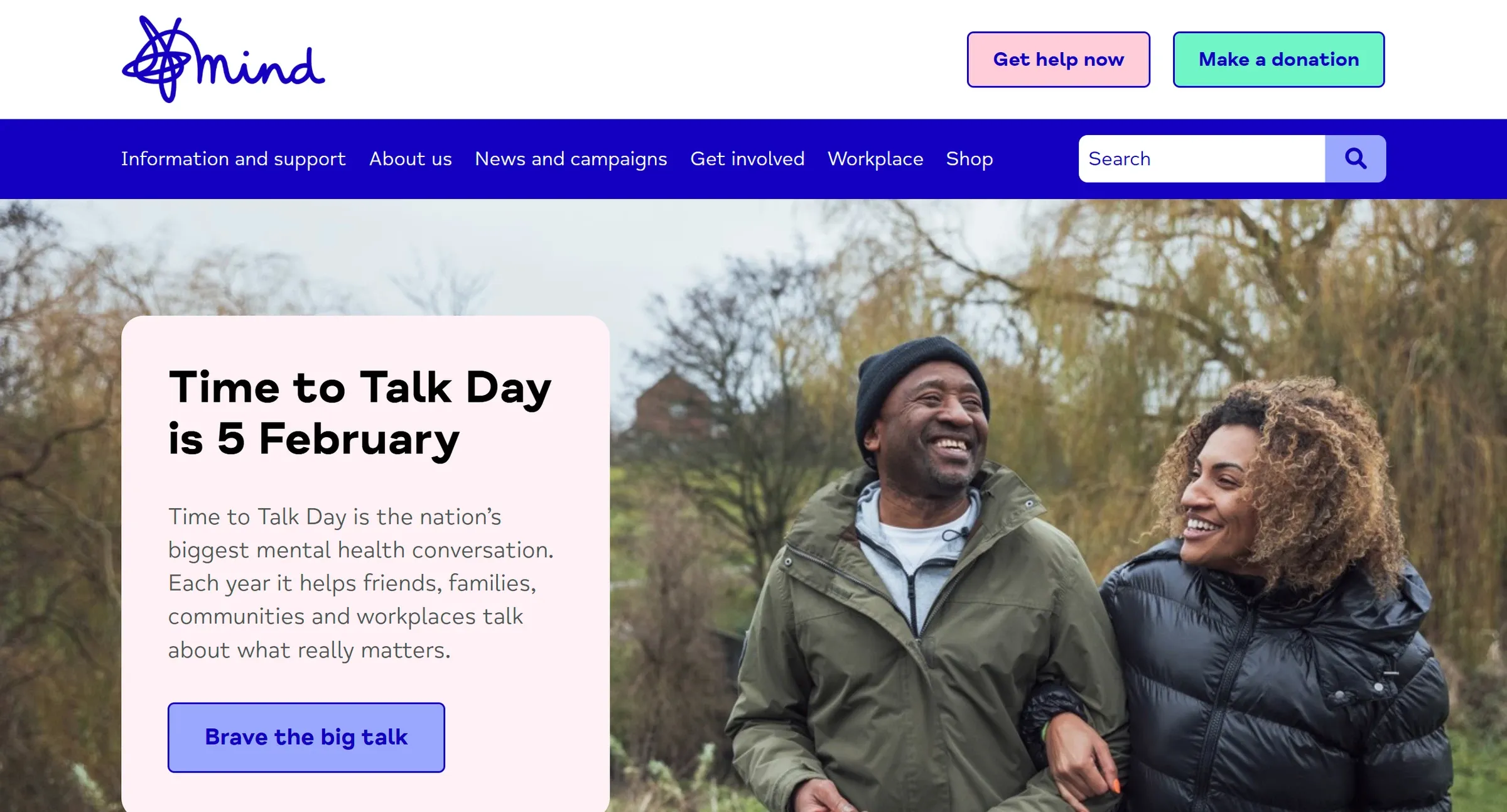 Mind's homepage, a Get help now button beside Make a donation, above a campaign panel