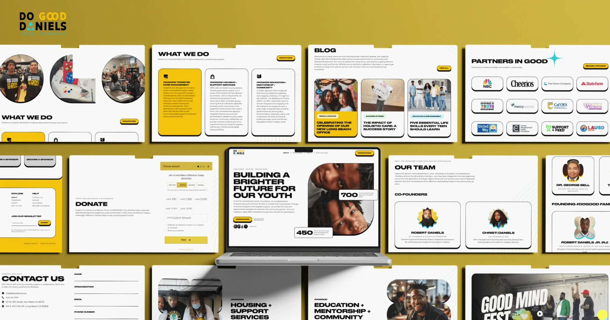 A collage of Do Good Daniels Family Foundation pages around a laptop showing the rebuilt home page