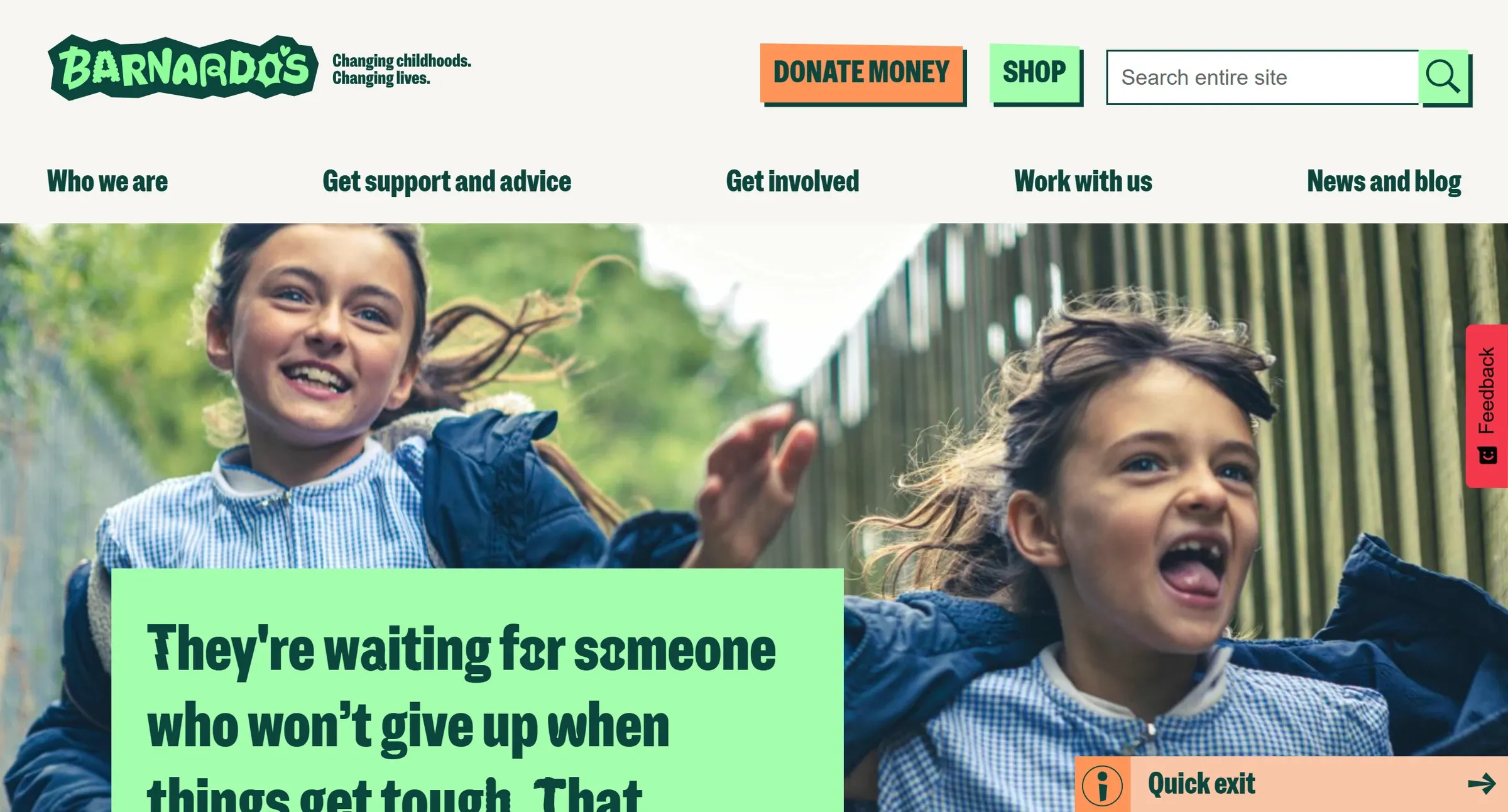 Barnardo's homepage, a quick exit button sitting over the hero photograph beside the campaign line