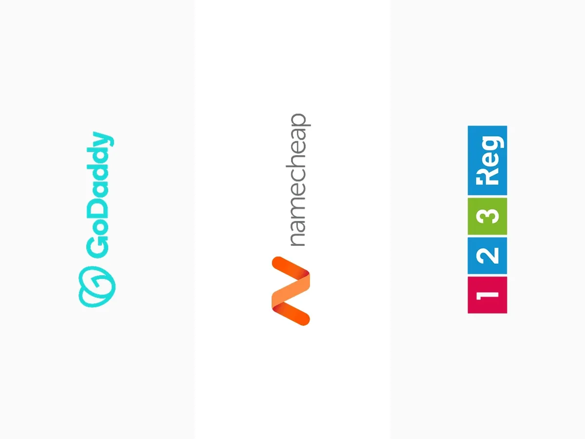 Logos of three domain registrars: GoDaddy, Namecheap and 123-Reg.