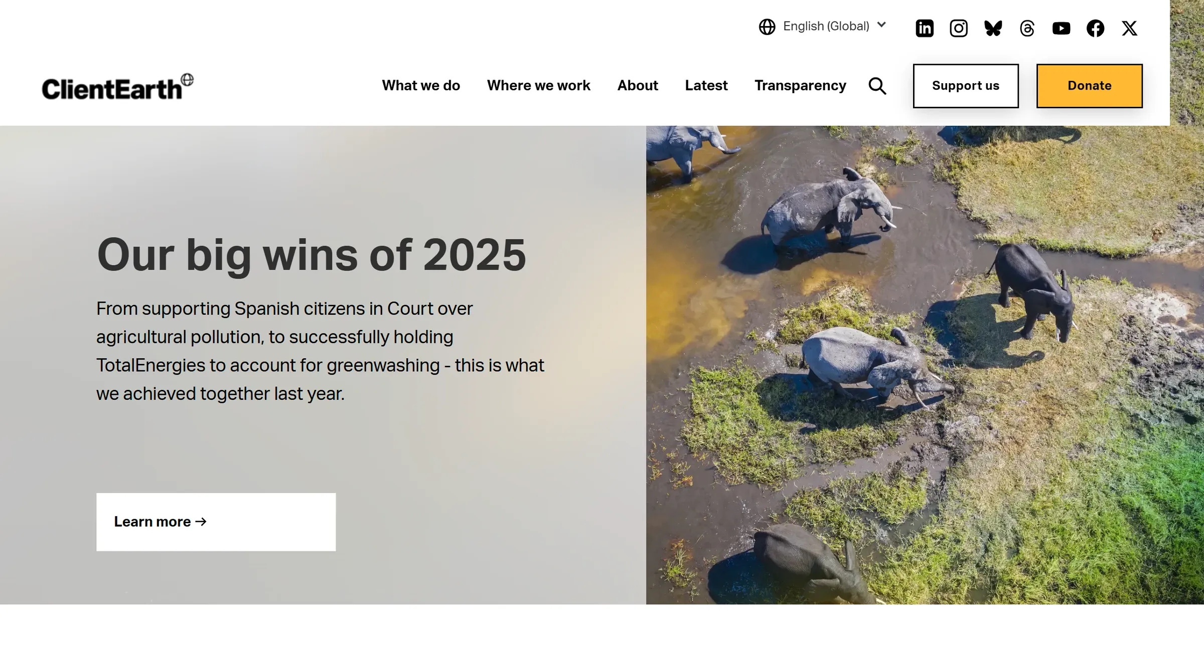 ClientEarth's homepage, a year-in-review hero, with Transparency carried as a top-level nav item