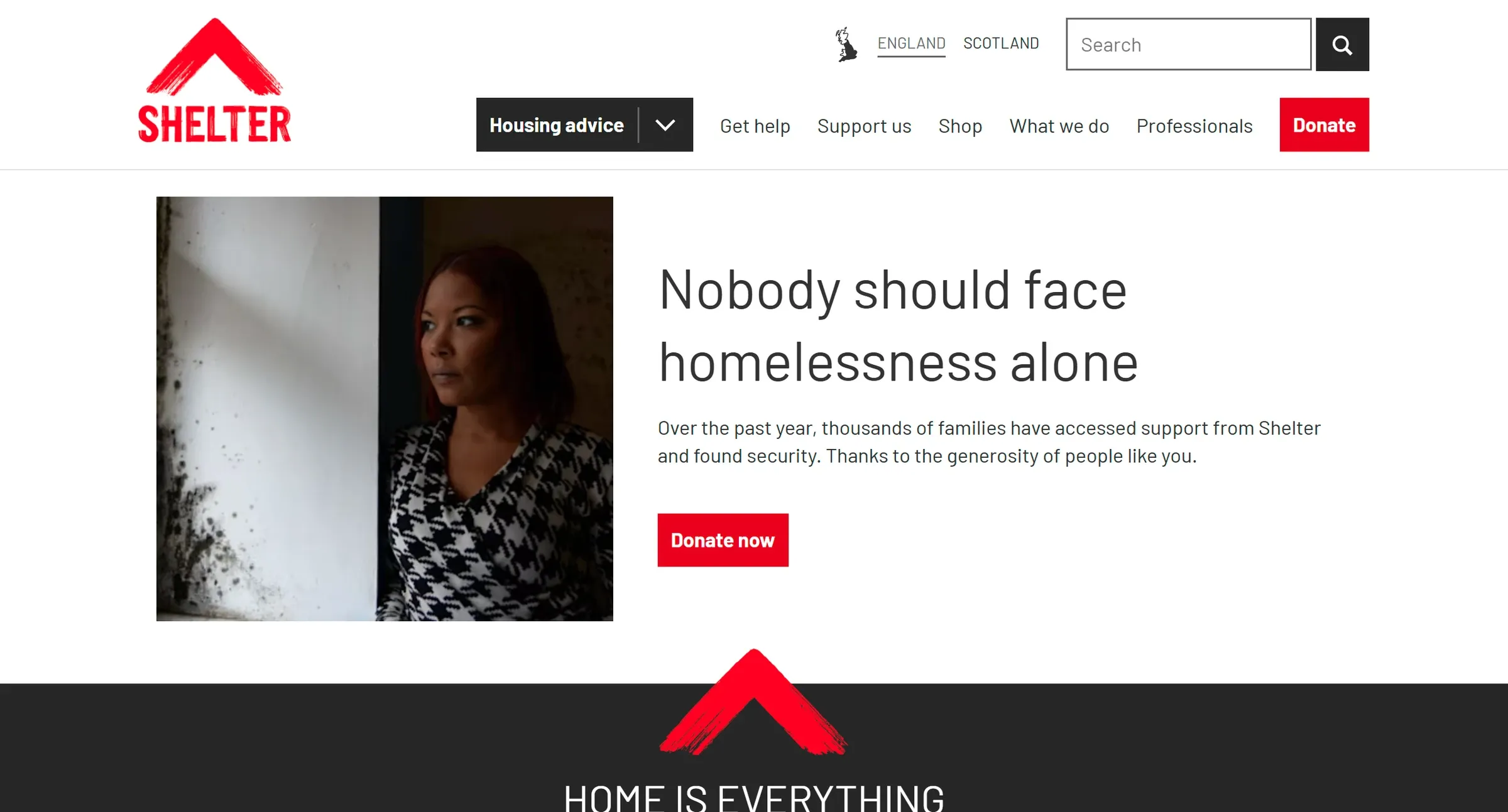 Shelter's homepage, Housing advice set apart as a dark dropdown, and an England and Scotland switcher above