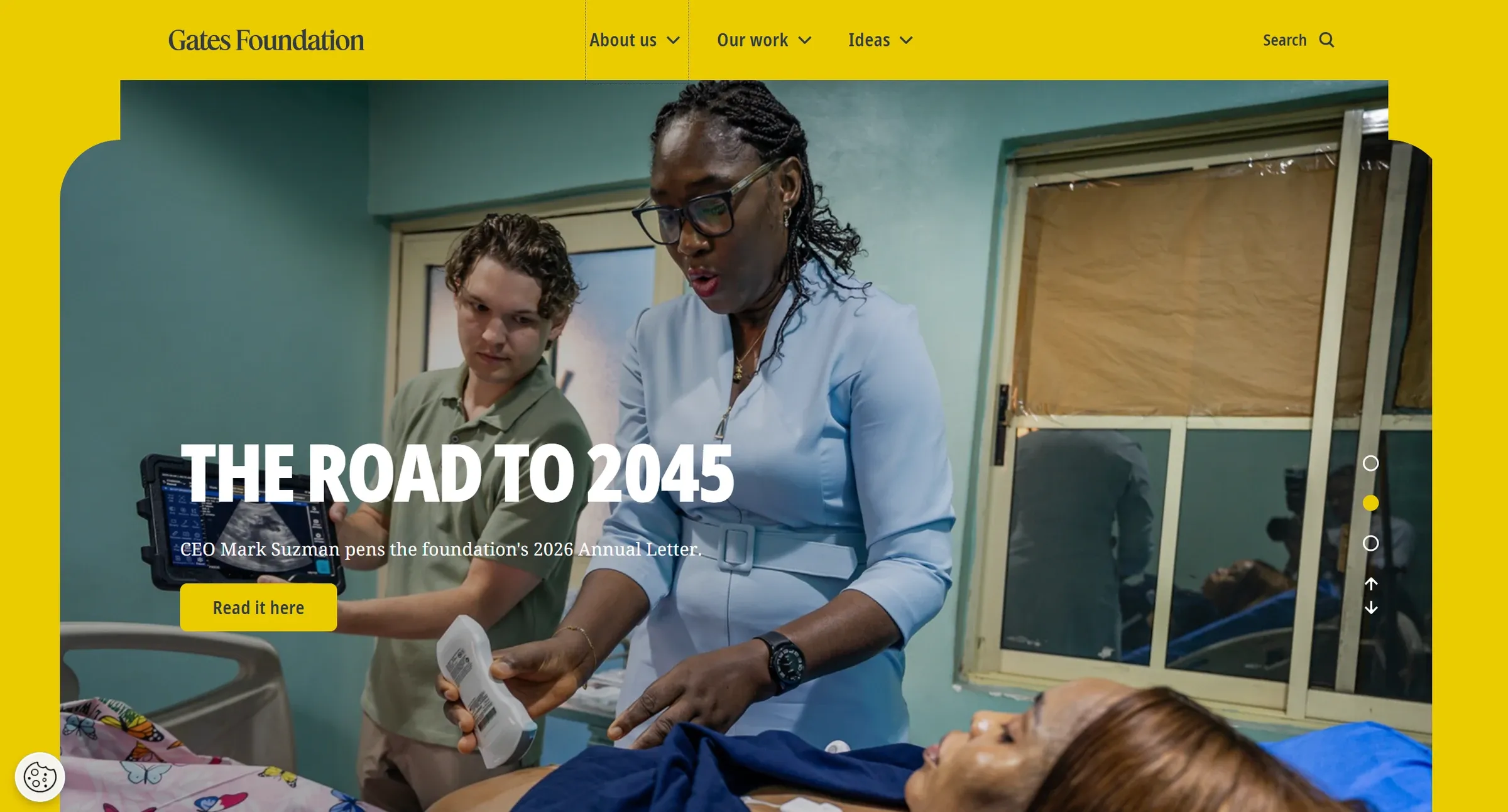 The Gates Foundation homepage, a full-bleed clinic photograph carrying the CEO's annual letter above a three-item nav