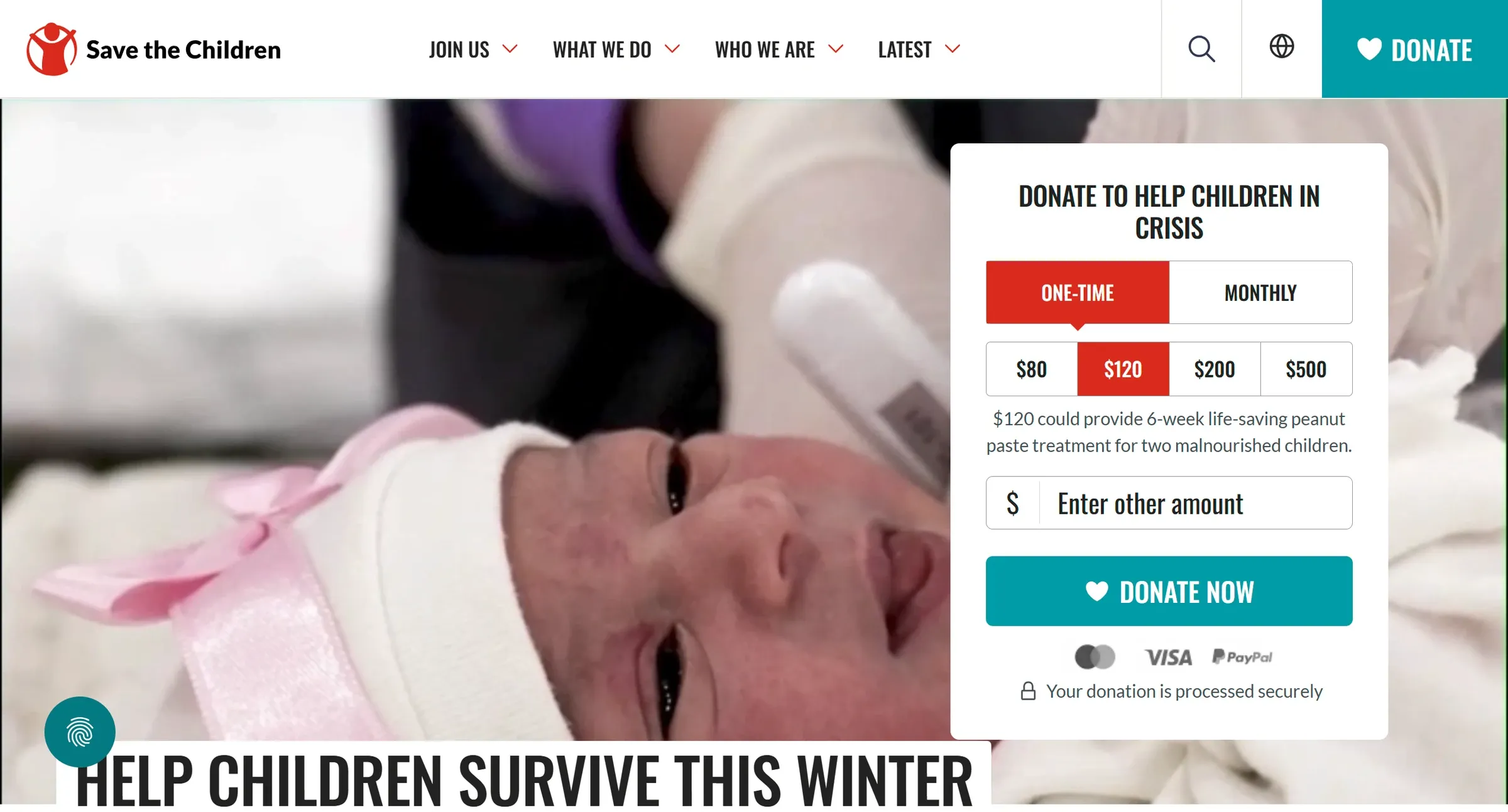Save the Children's homepage, a donation form with preset amounts laid over the appeal photograph
