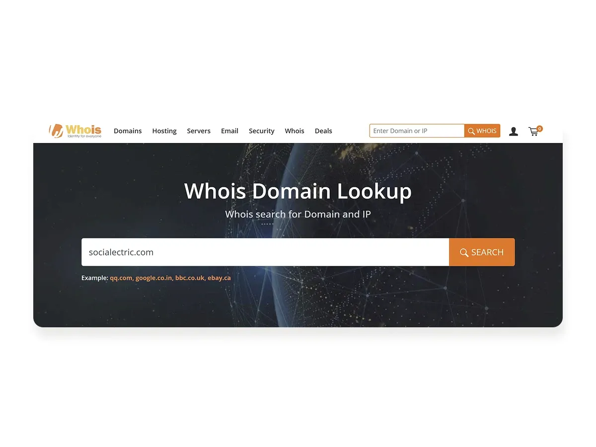 A Whois domain lookup form with a domain name entered in the search field.
