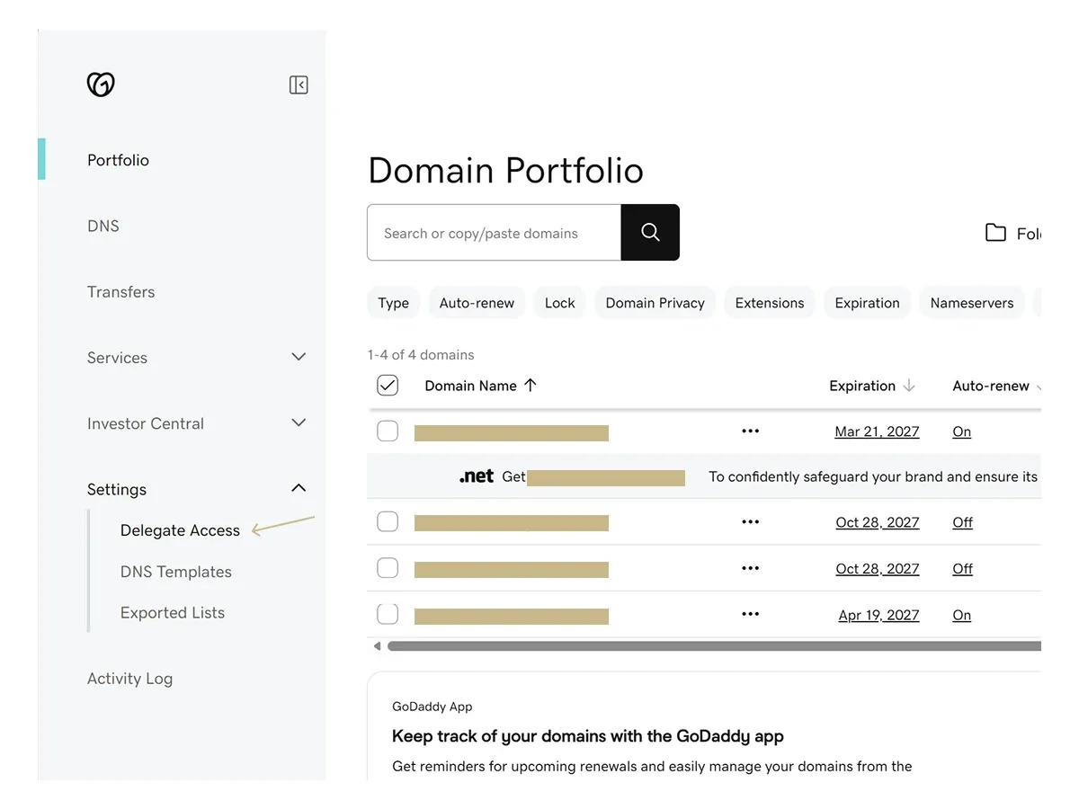 GoDaddy's Domain Portfolio, an arrow marking Delegate Access under Settings in the left-hand menu