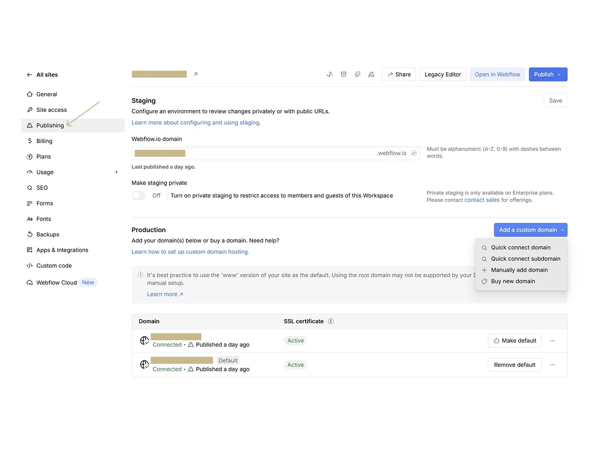 Webflow's Publishing settings, the Add a custom domain menu open on its quick connect and manual options