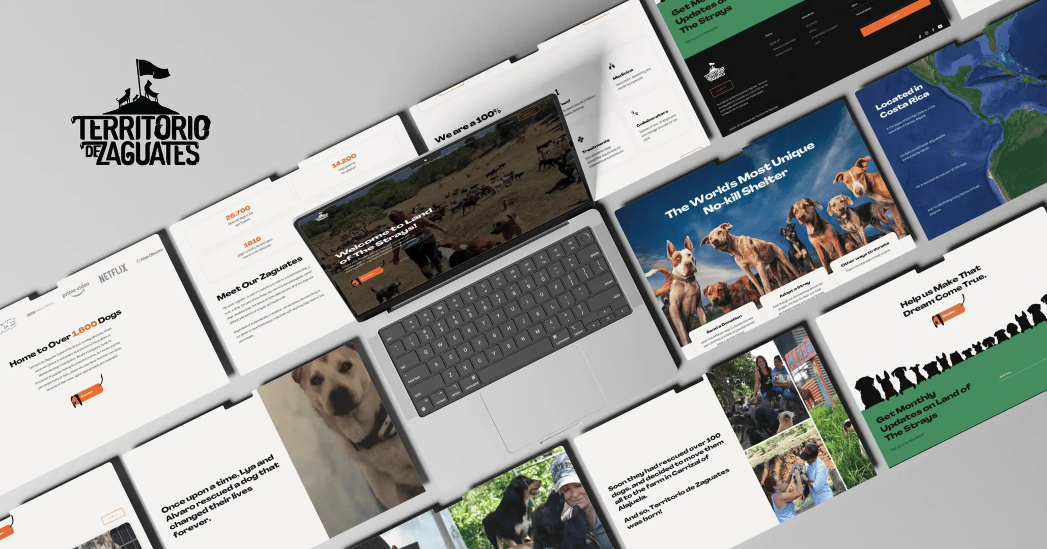 A tilted collage of pages from the Territorio de Zaguates website, with the sanctuary's logo alongside and a laptop showing the home page