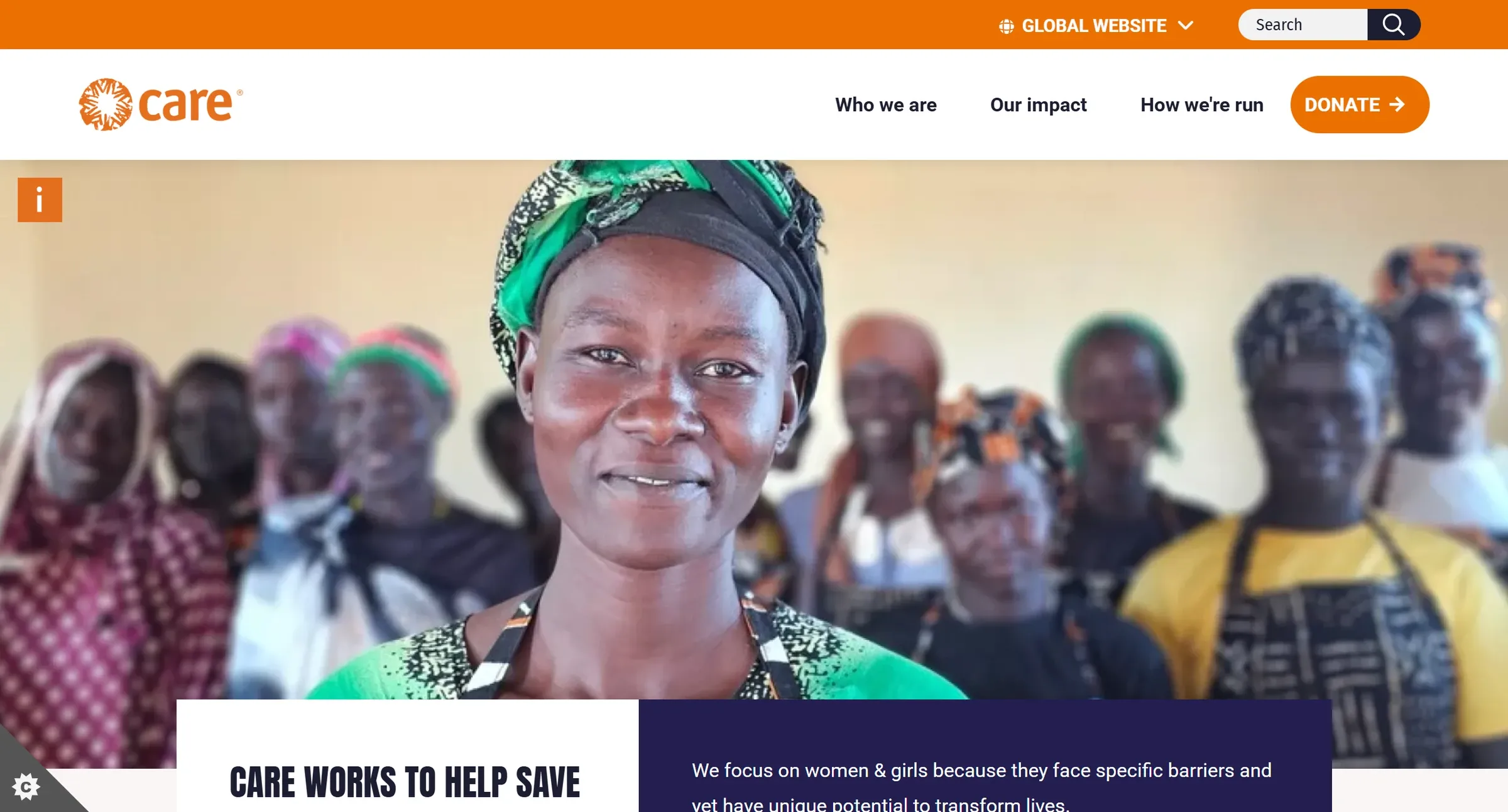 CARE's homepage, a portrait filling the screen and How we're run sitting third in the nav