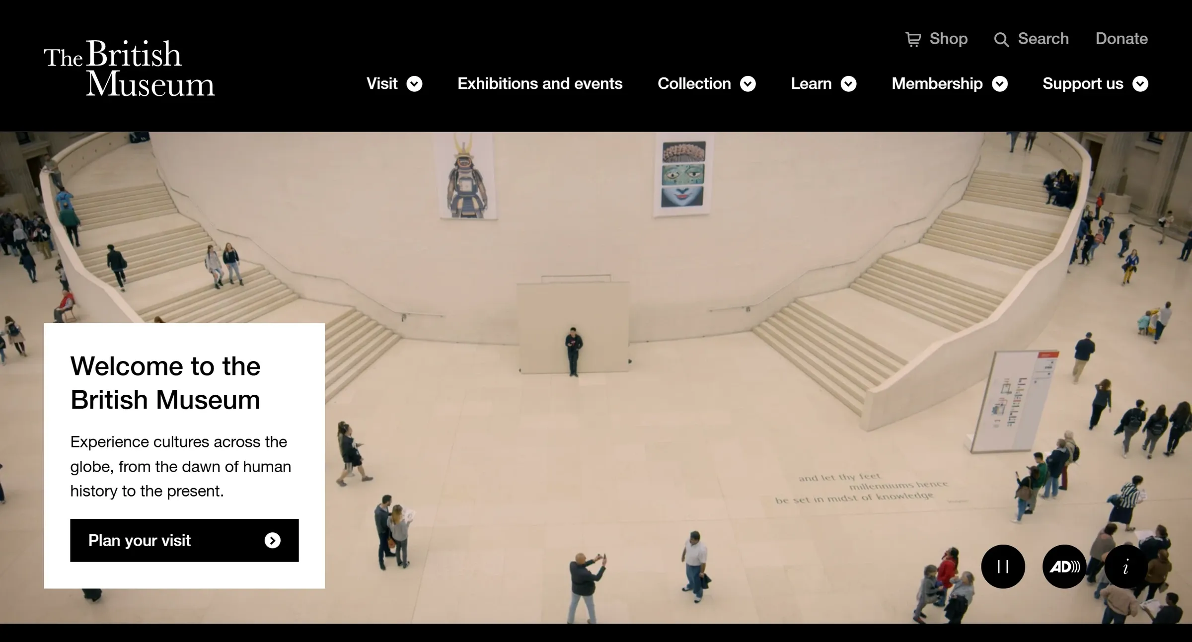 The British Museum homepage, a welcome card over video of the Great Court, with audio description and pause controls