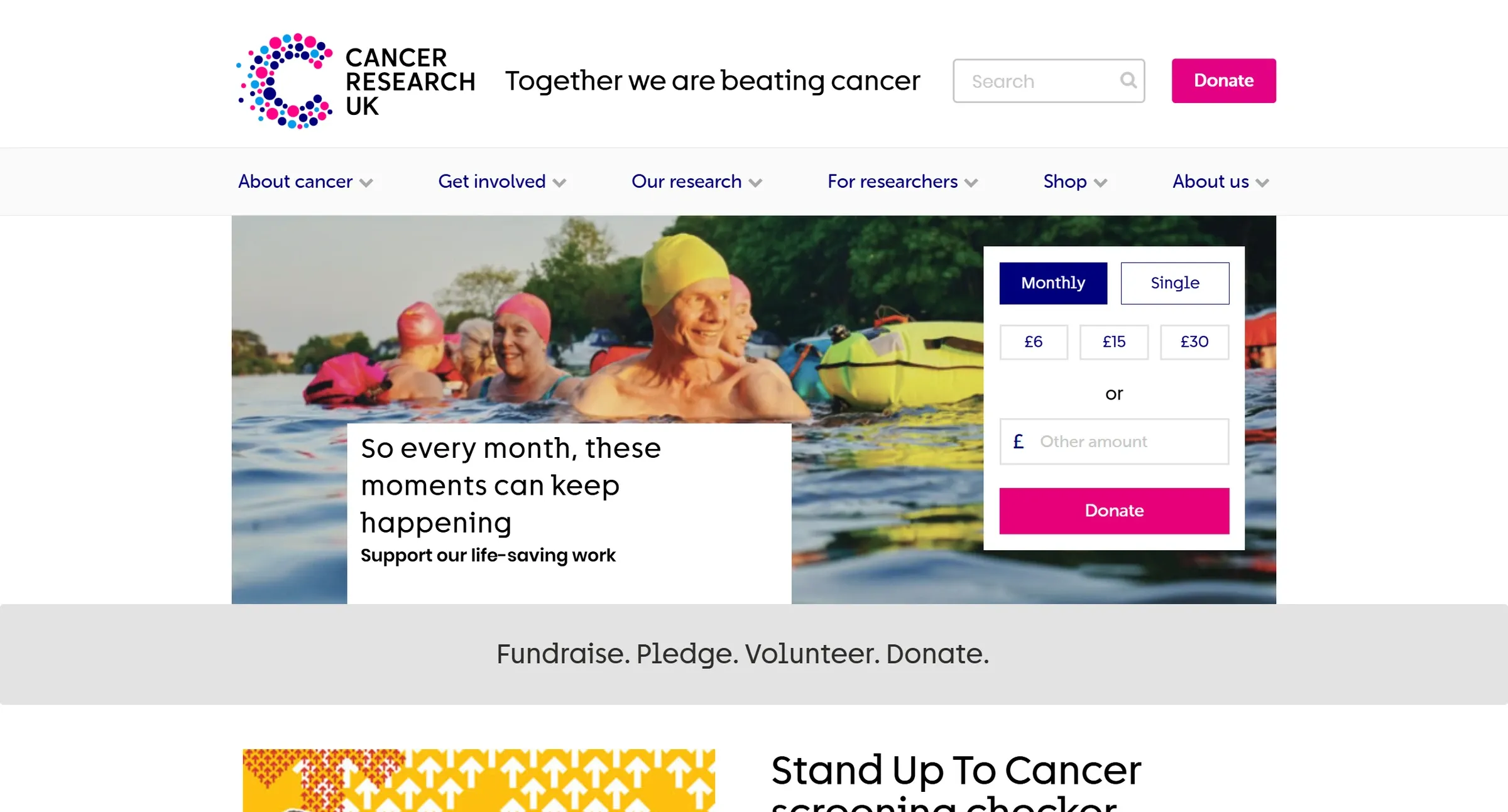 Cancer Research UK's homepage, a monthly donation form on the hero photograph, with For researchers in the nav