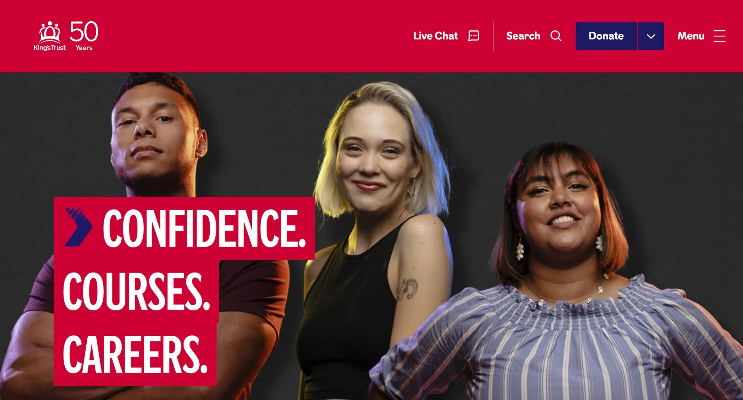 The King's Trust homepage in its fiftieth-anniversary branding, the nav collapsed to a menu button beside live chat