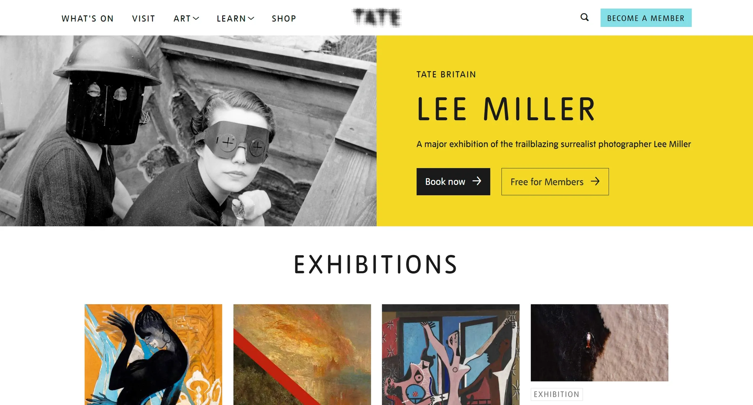 Tate's homepage, an exhibition promoted in a yellow panel beside its image, above a grid of exhibitions