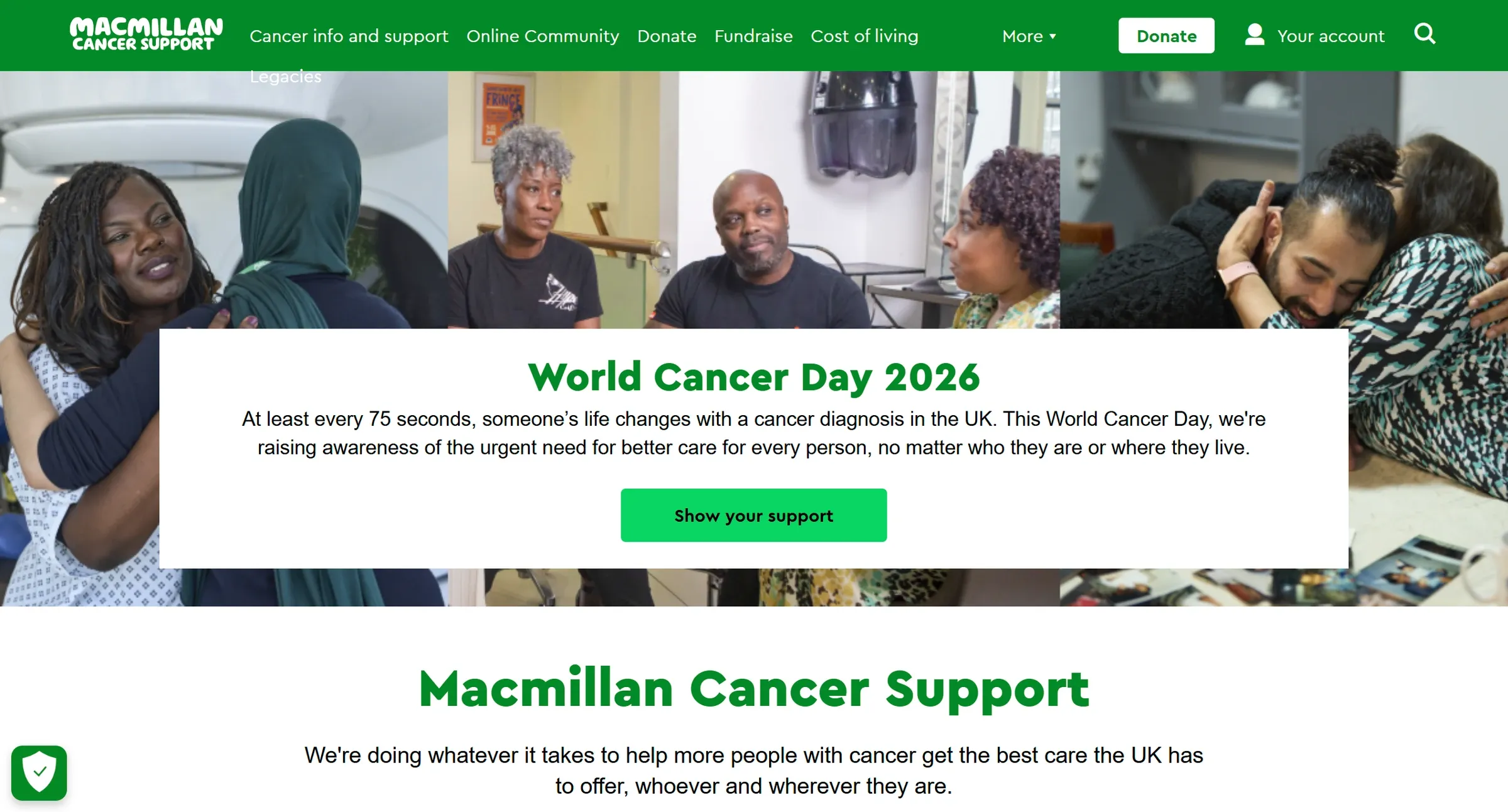 Macmillan's homepage, a campaign panel over a strip of four photographs, with cancer information first in the nav