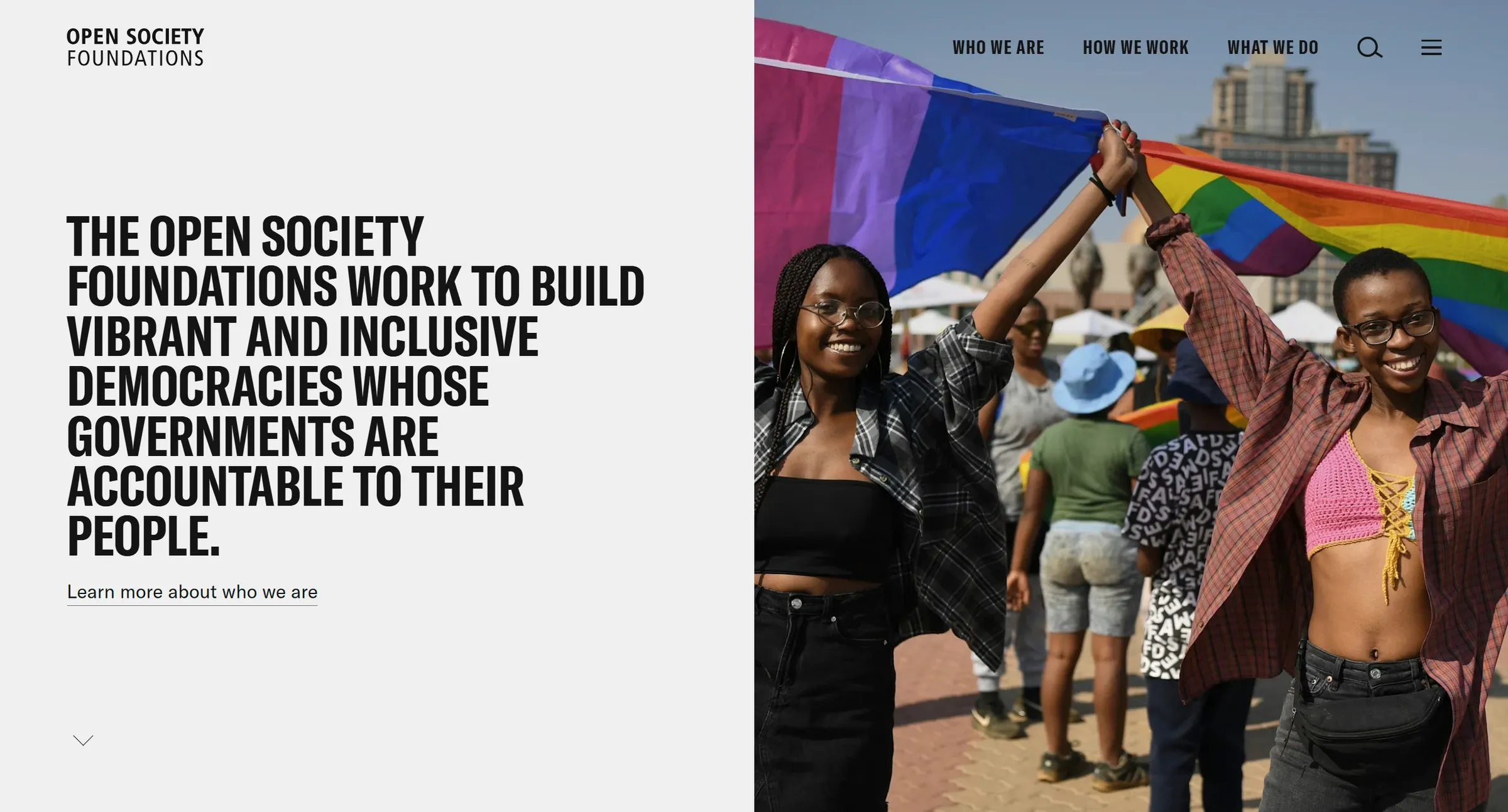 Open Society Foundations' homepage, split down the middle: a mission statement left, a Pride march photograph right