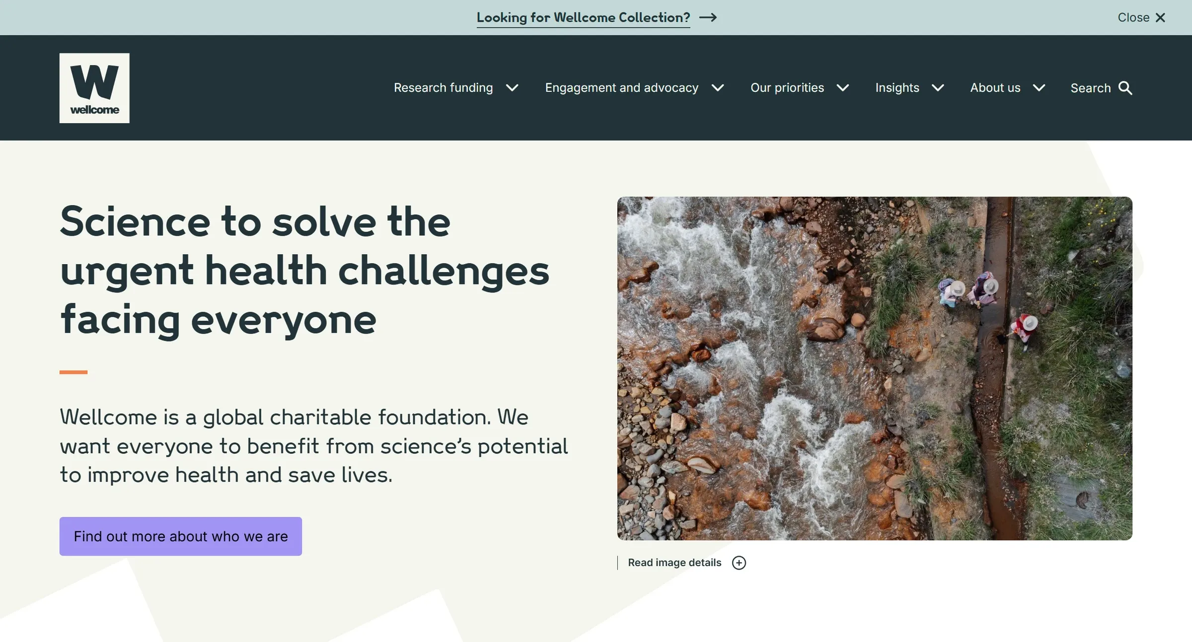 Wellcome's homepage, its mission statement set beside an aerial photograph, with research funding first in the nav