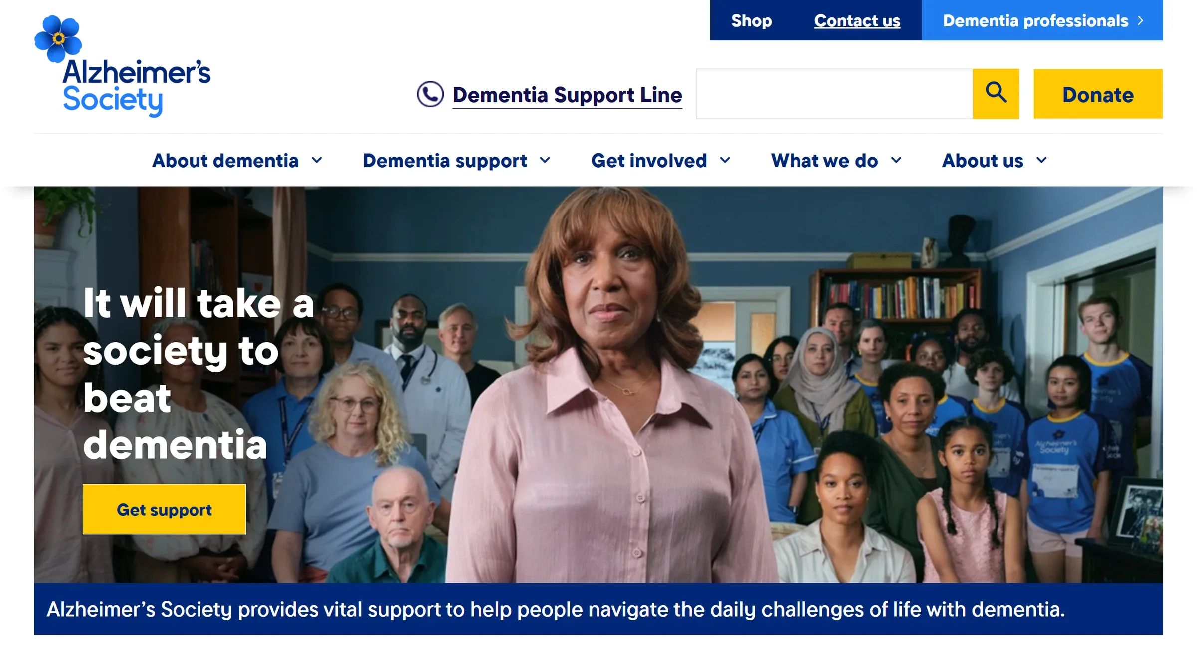 Alzheimer's Society homepage, a support line and a Dementia professionals link in the header, above the campaign hero