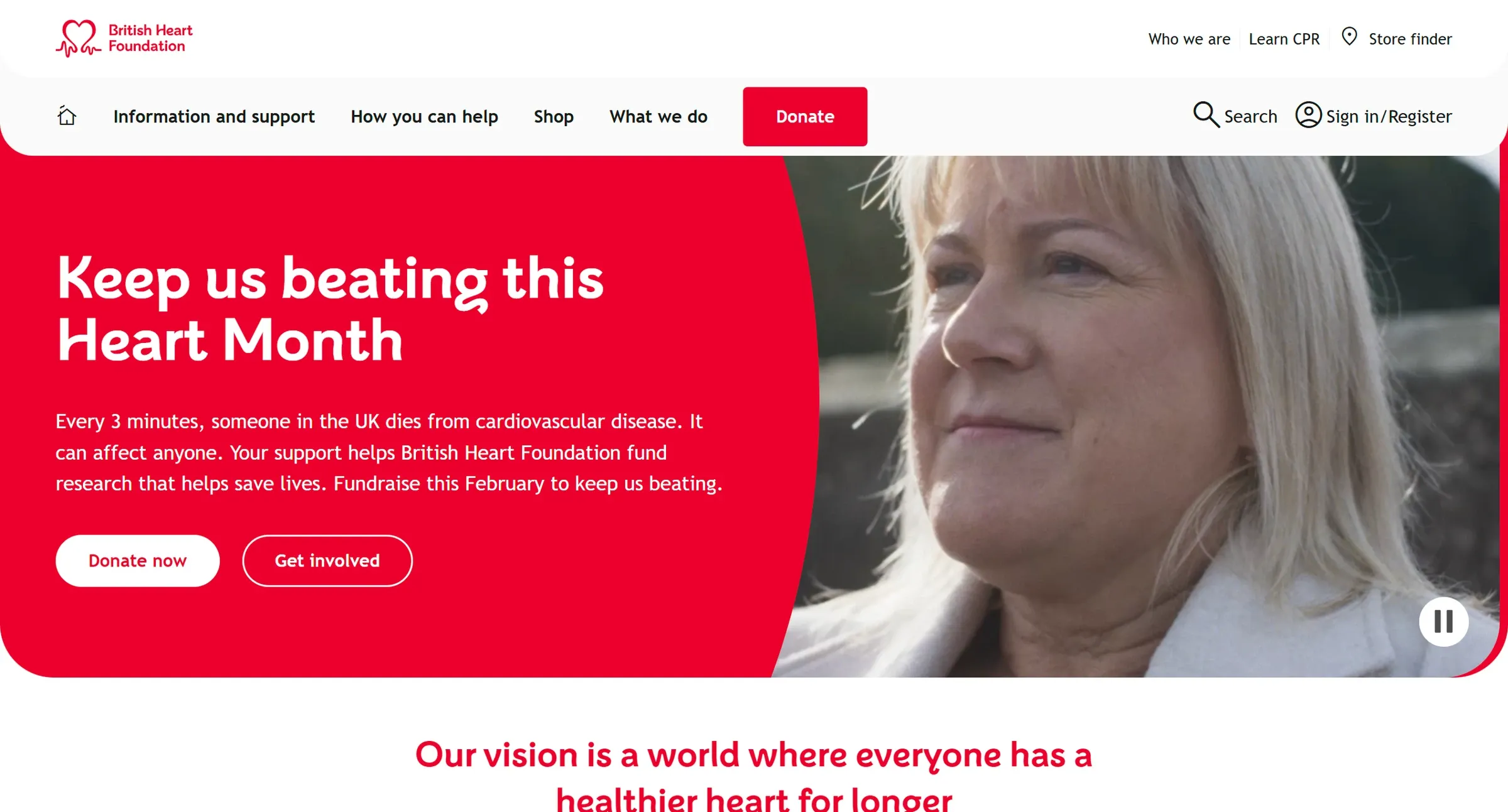 British Heart Foundation's homepage, an appeal panel beside video, with Shop and a store finder in the header