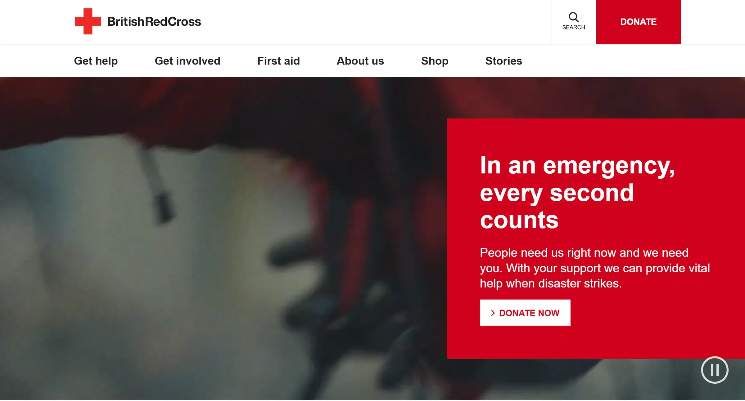 British Red Cross homepage, an emergency appeal panel over video, with Get help first in the nav