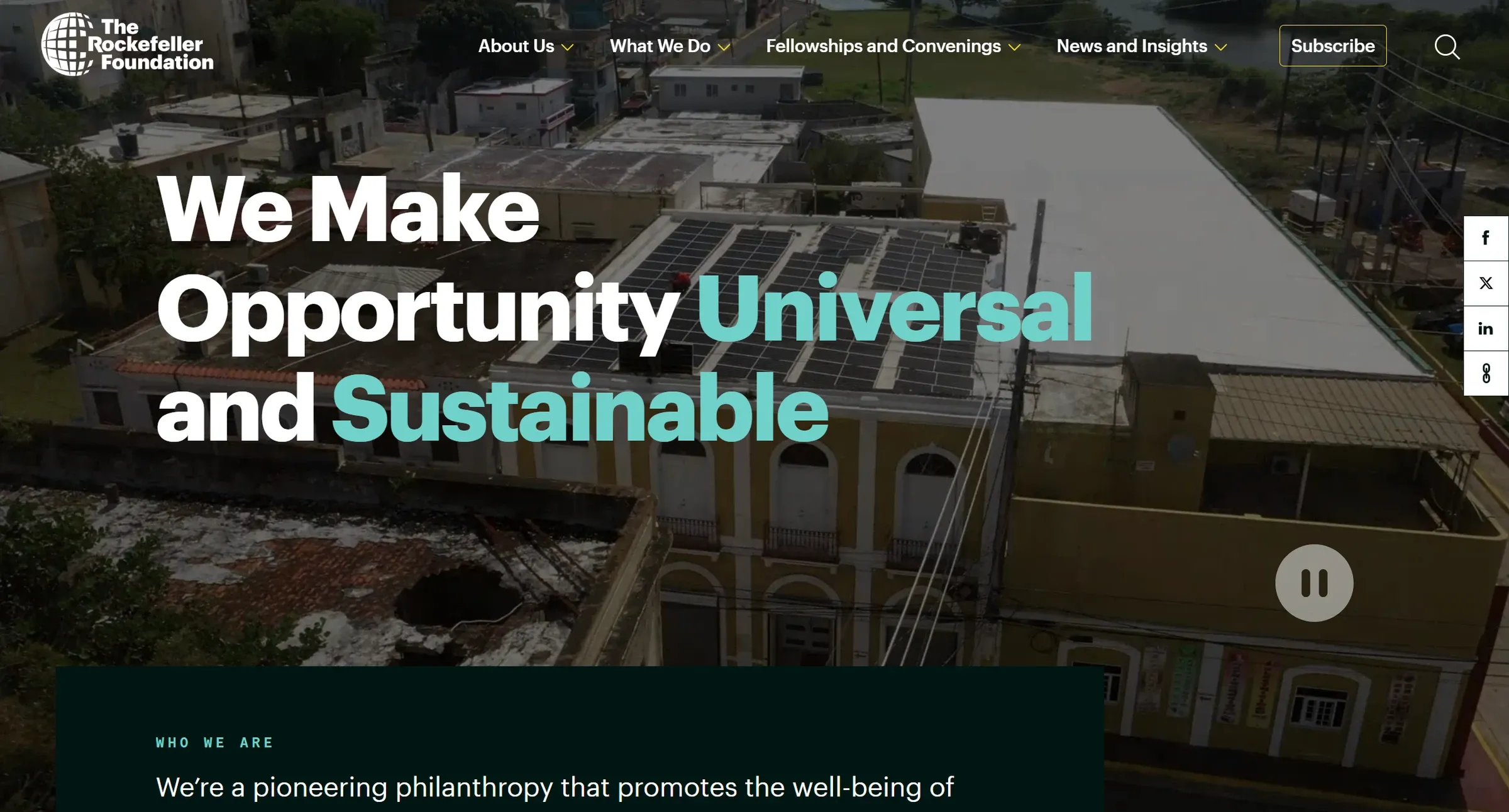 The Rockefeller Foundation homepage, its mission headline set over a full-width video of a solar rooftop