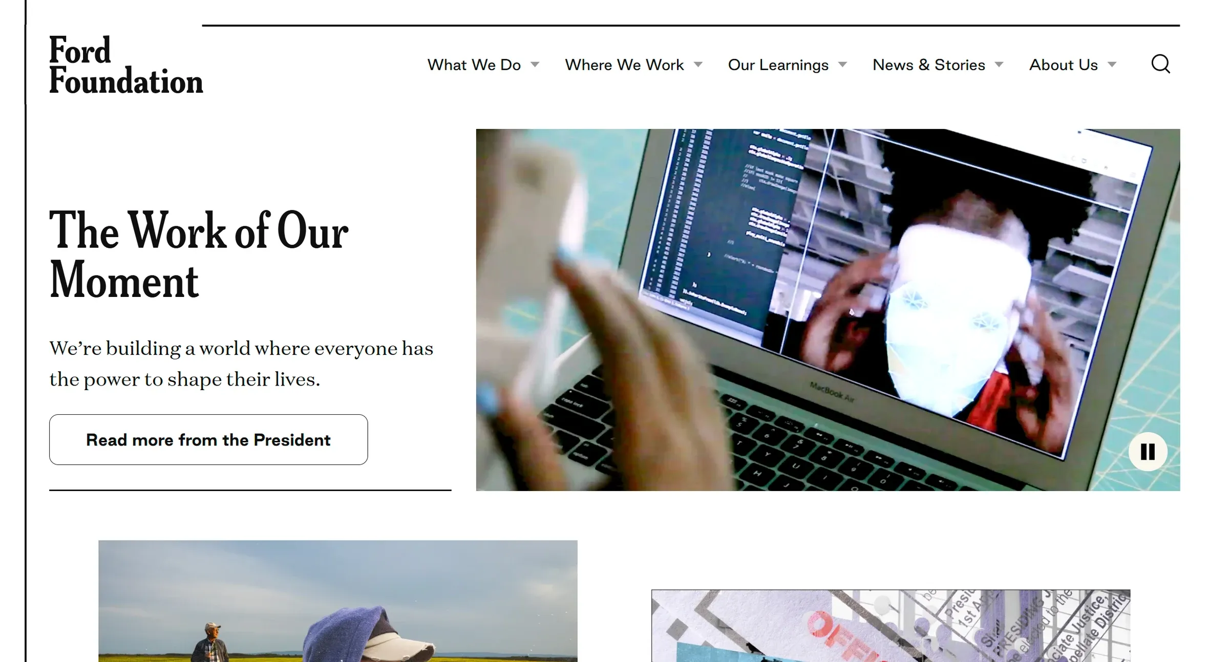 Ford Foundation's homepage, a mission statement and a letter from the president beside an autoplaying video