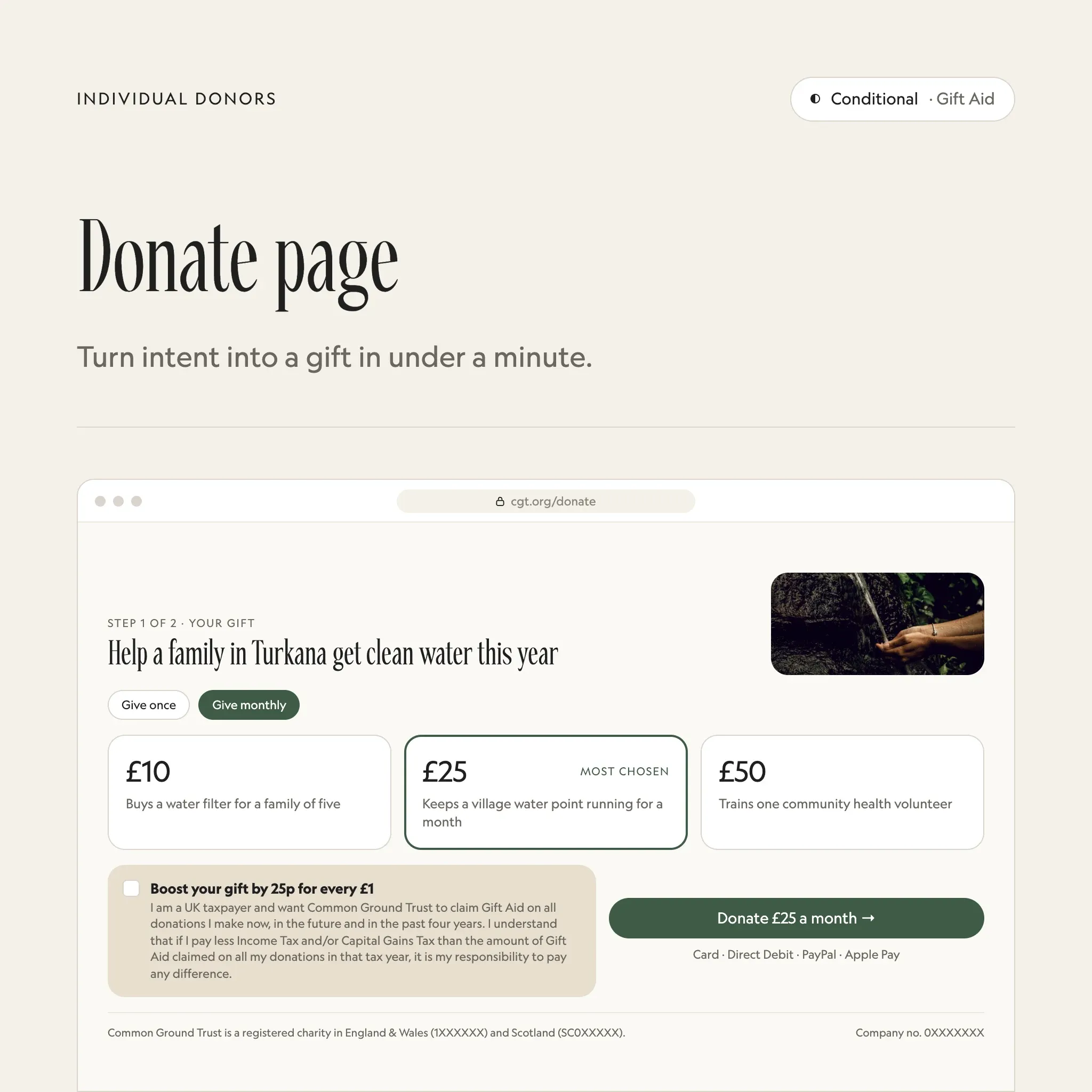 Donate page: an illustrated example of this section on a fictional charity's website