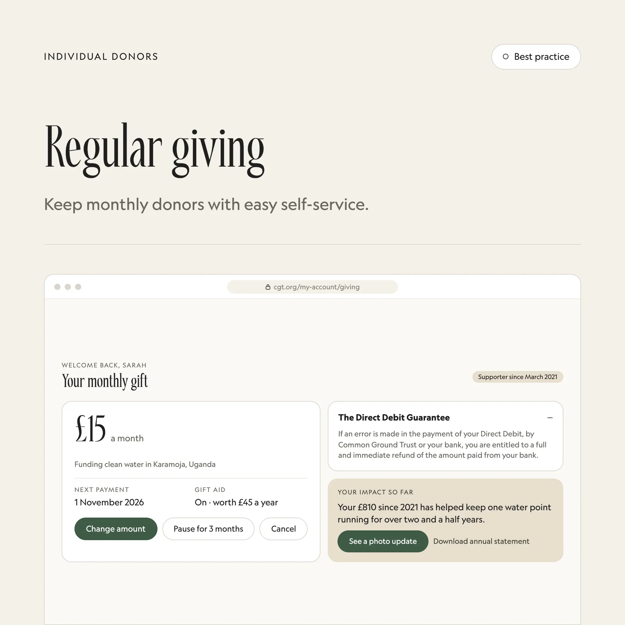 Regular giving: an illustrated example of this section on a fictional charity's website