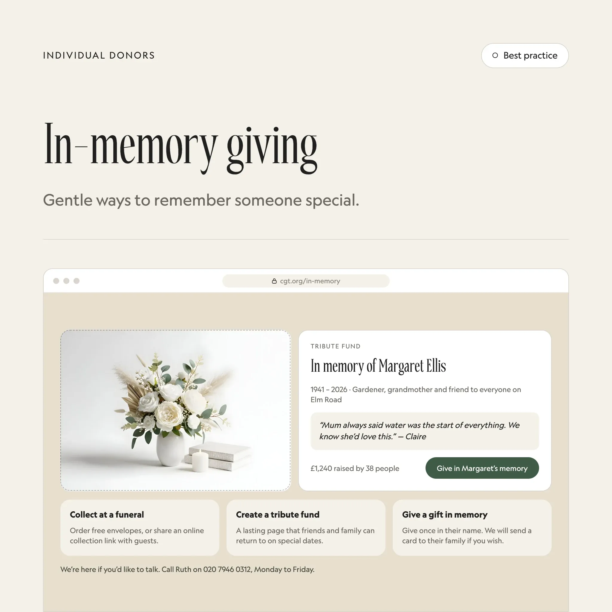 In-memory giving: an illustrated example of this section on a fictional charity's website