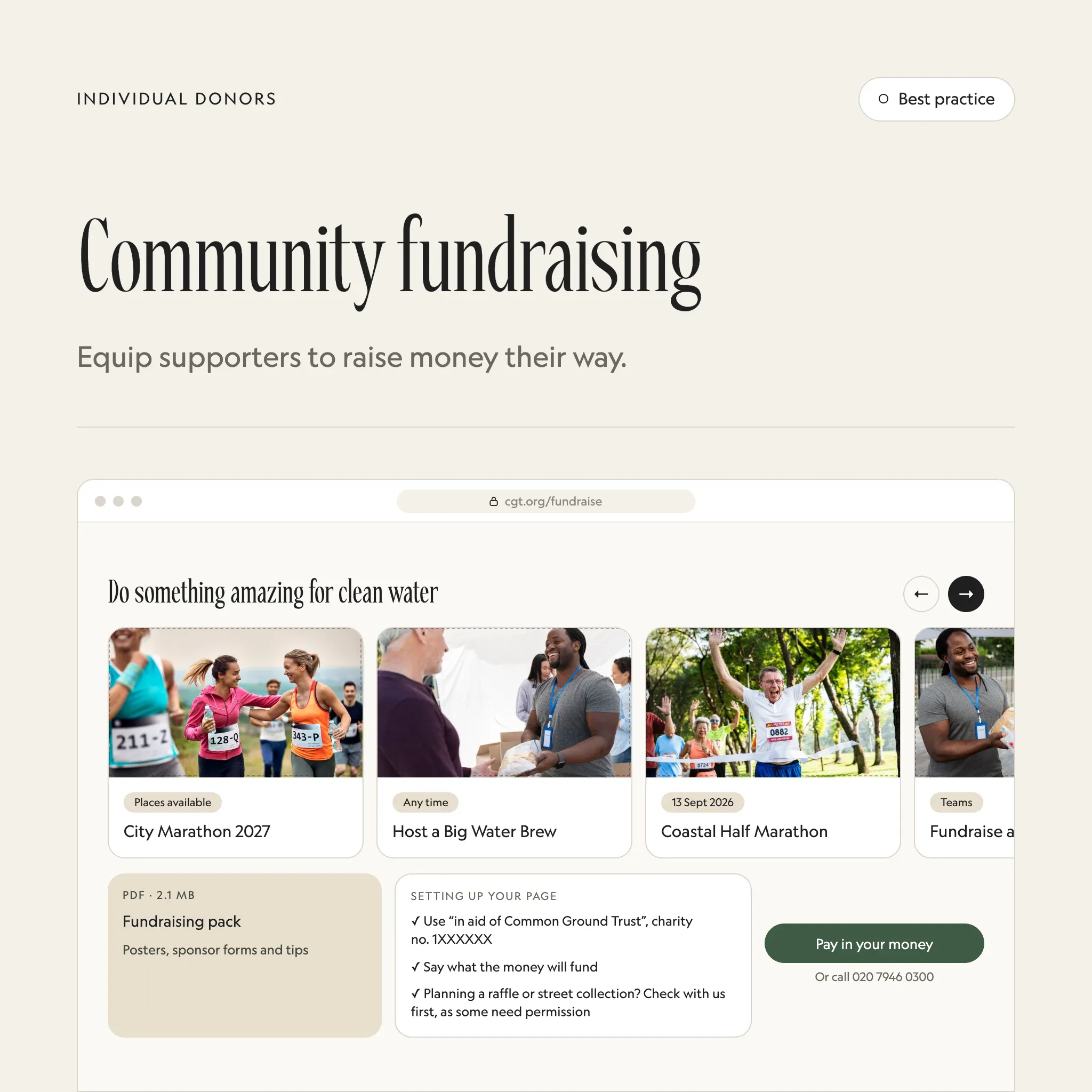 Community and event fundraising: an illustrated example of this section on a fictional charity's website