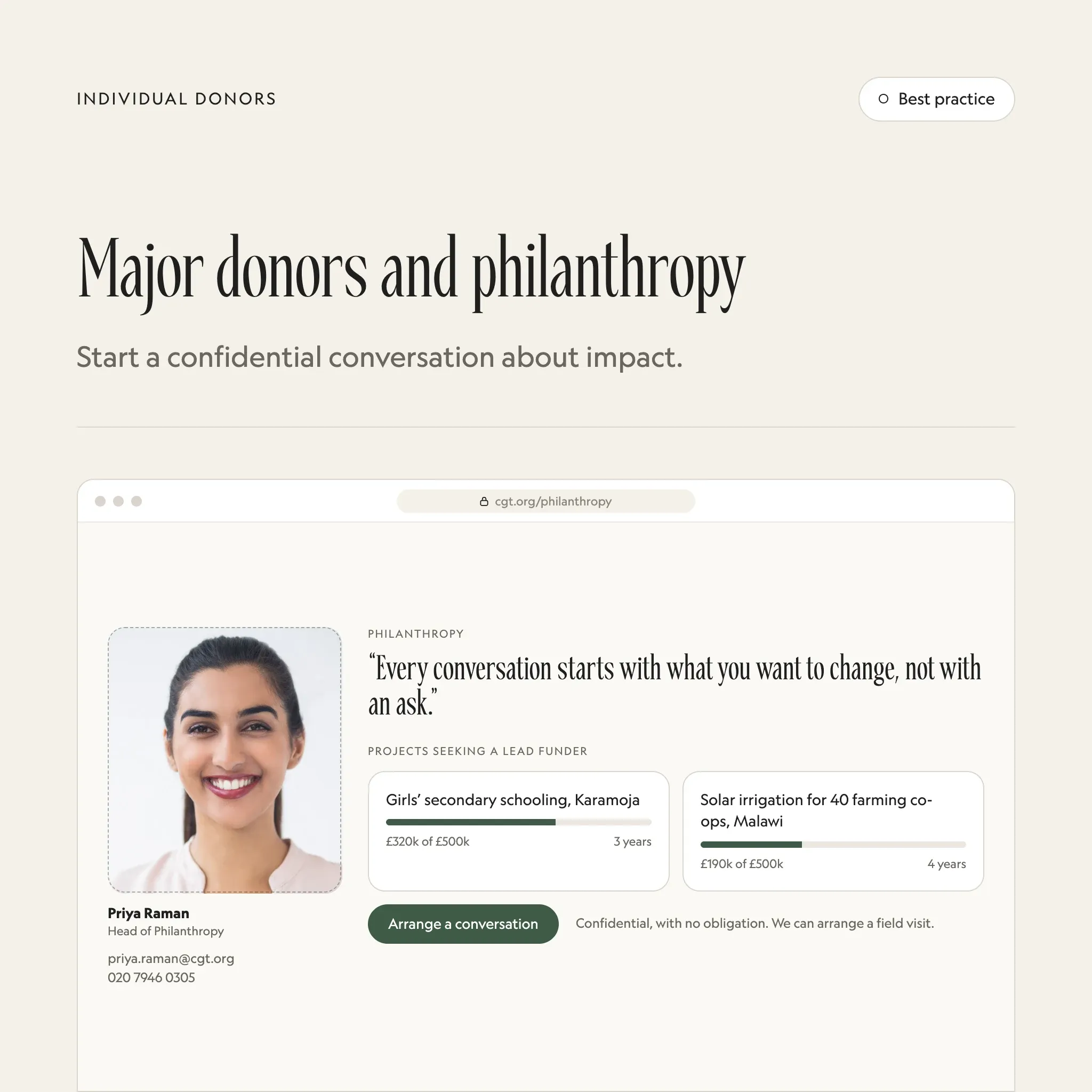 Major donors and philanthropy: an illustrated example of this section on a fictional charity's website