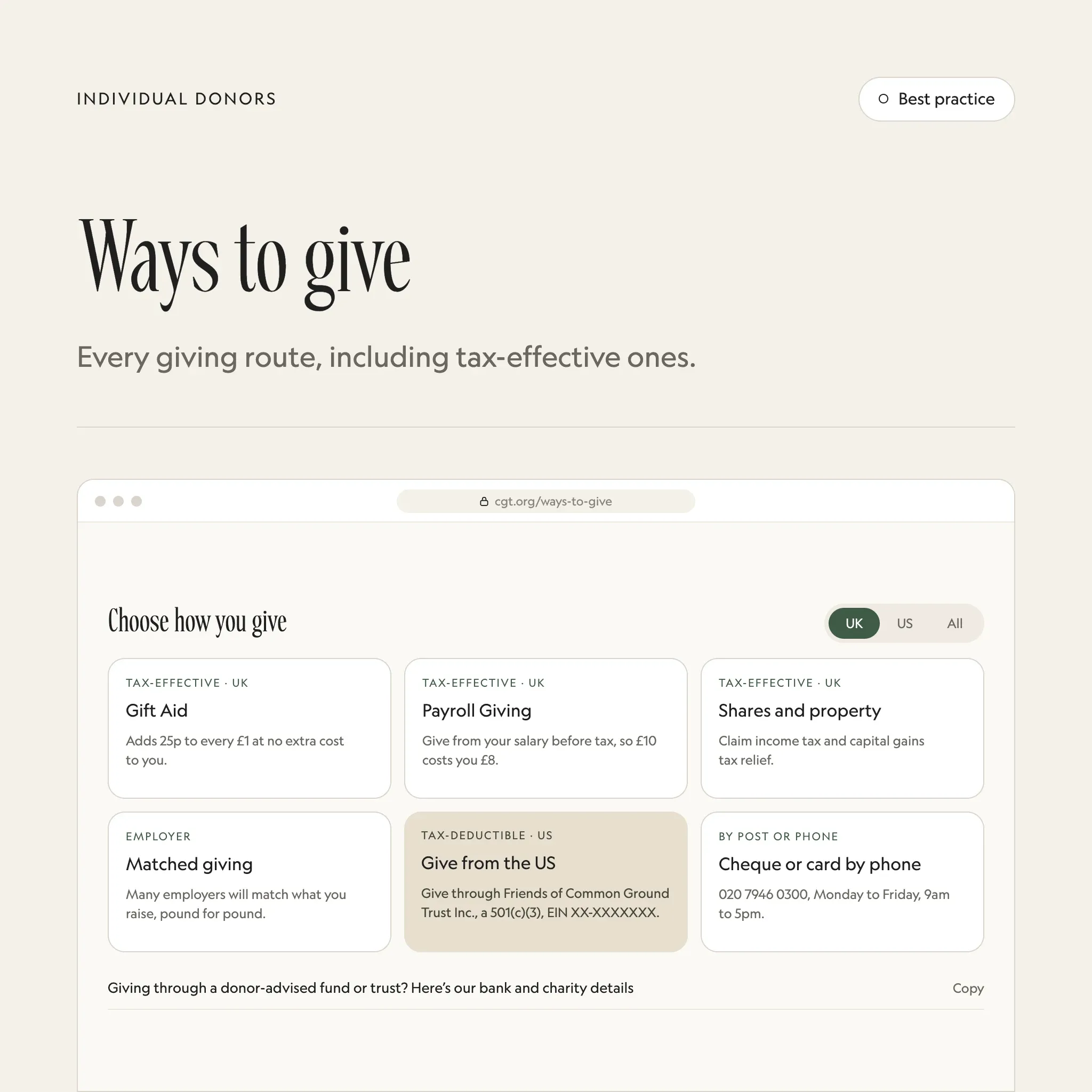 Ways to give: an illustrated example of this section on a fictional charity's website