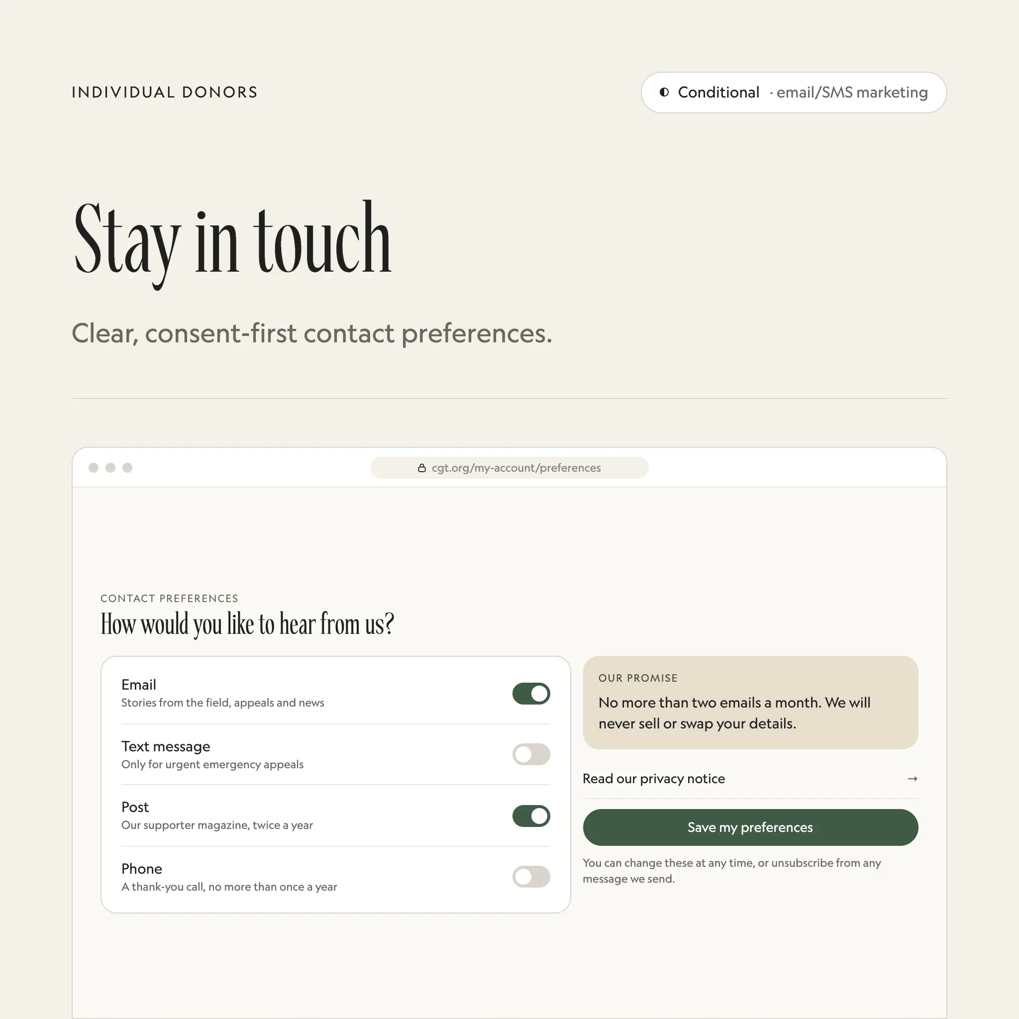 Stay in touch: an illustrated example of this section on a fictional charity's website