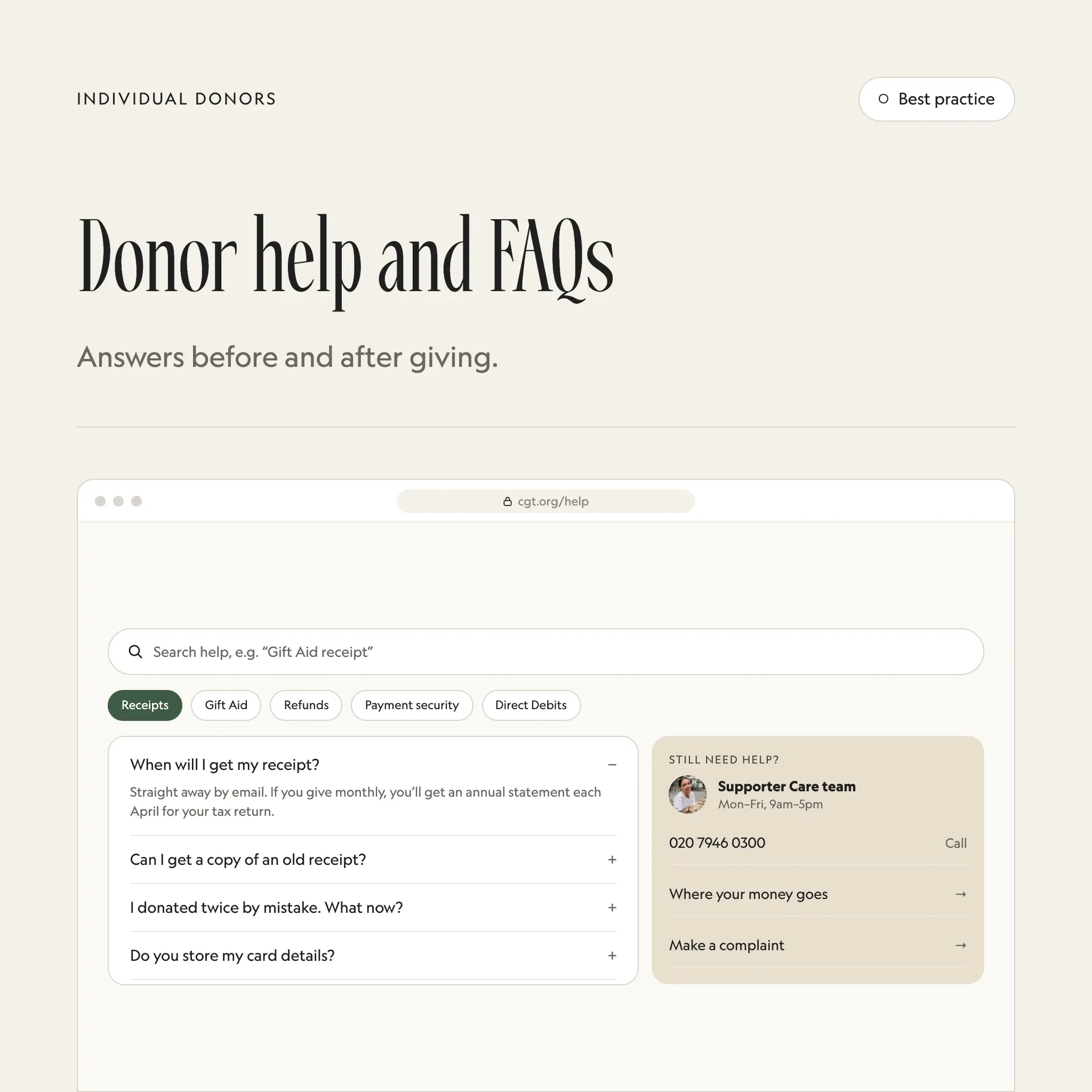 Donor help: an illustrated example of this section on a fictional charity's website