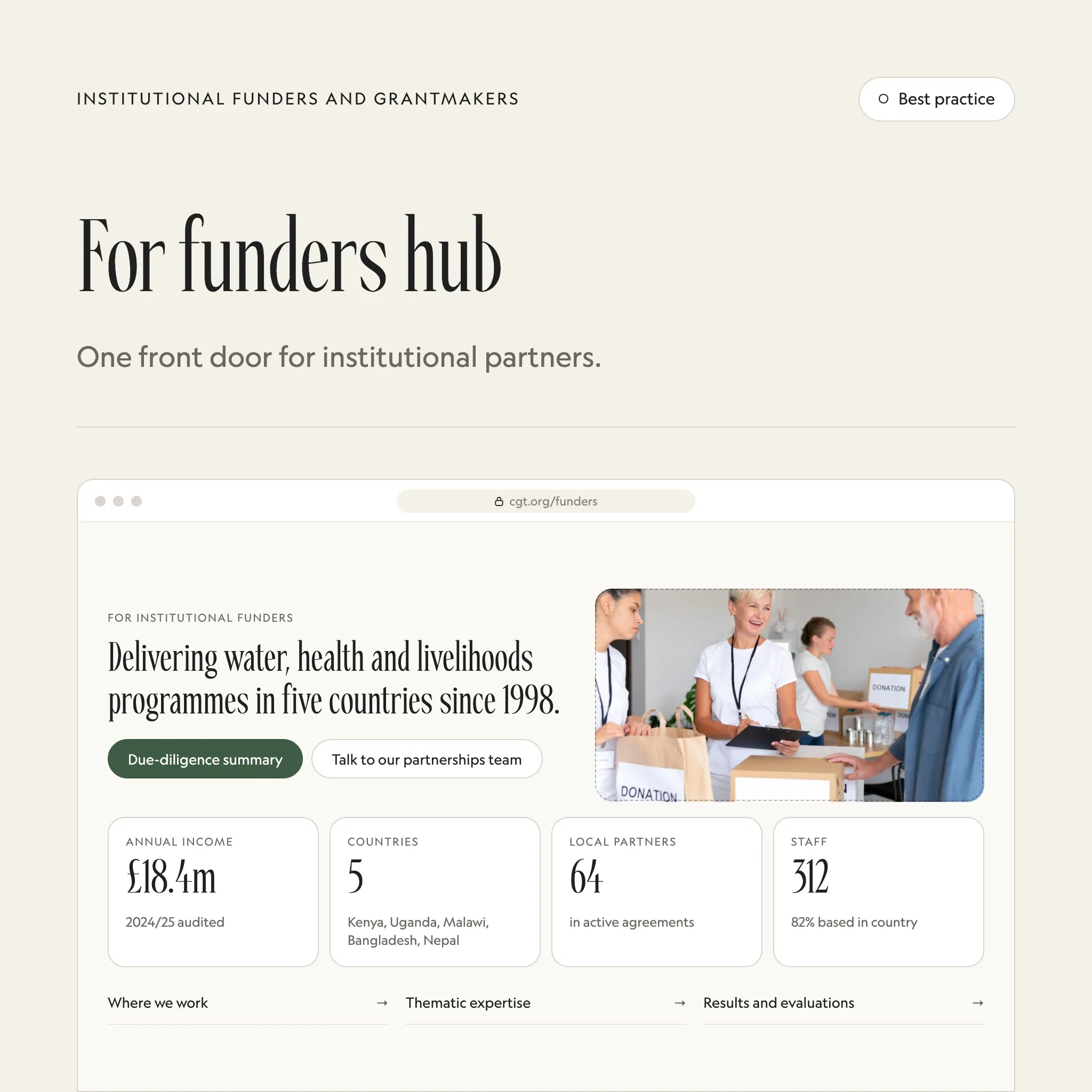 For funders: an illustrated example of this section on a fictional charity's website