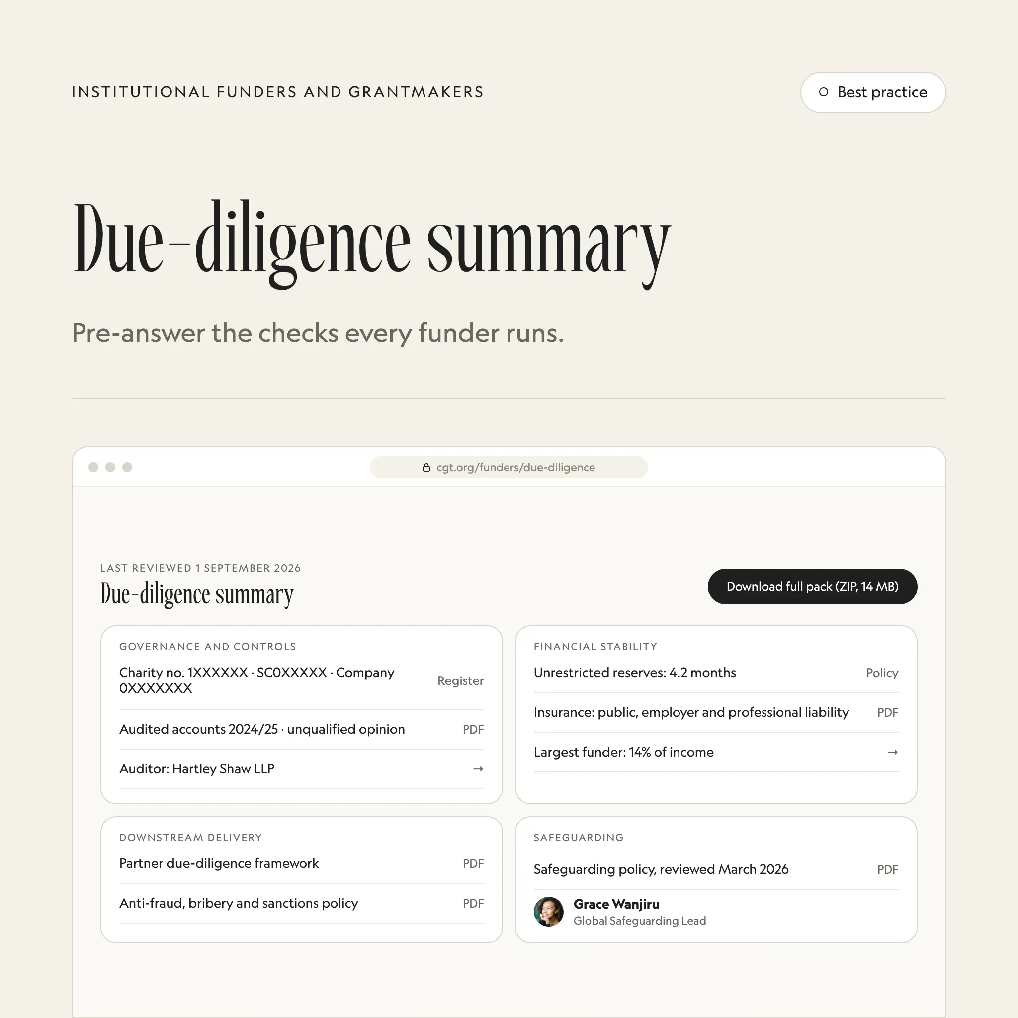 Due-diligence summary: an illustrated example of this section on a fictional charity's website