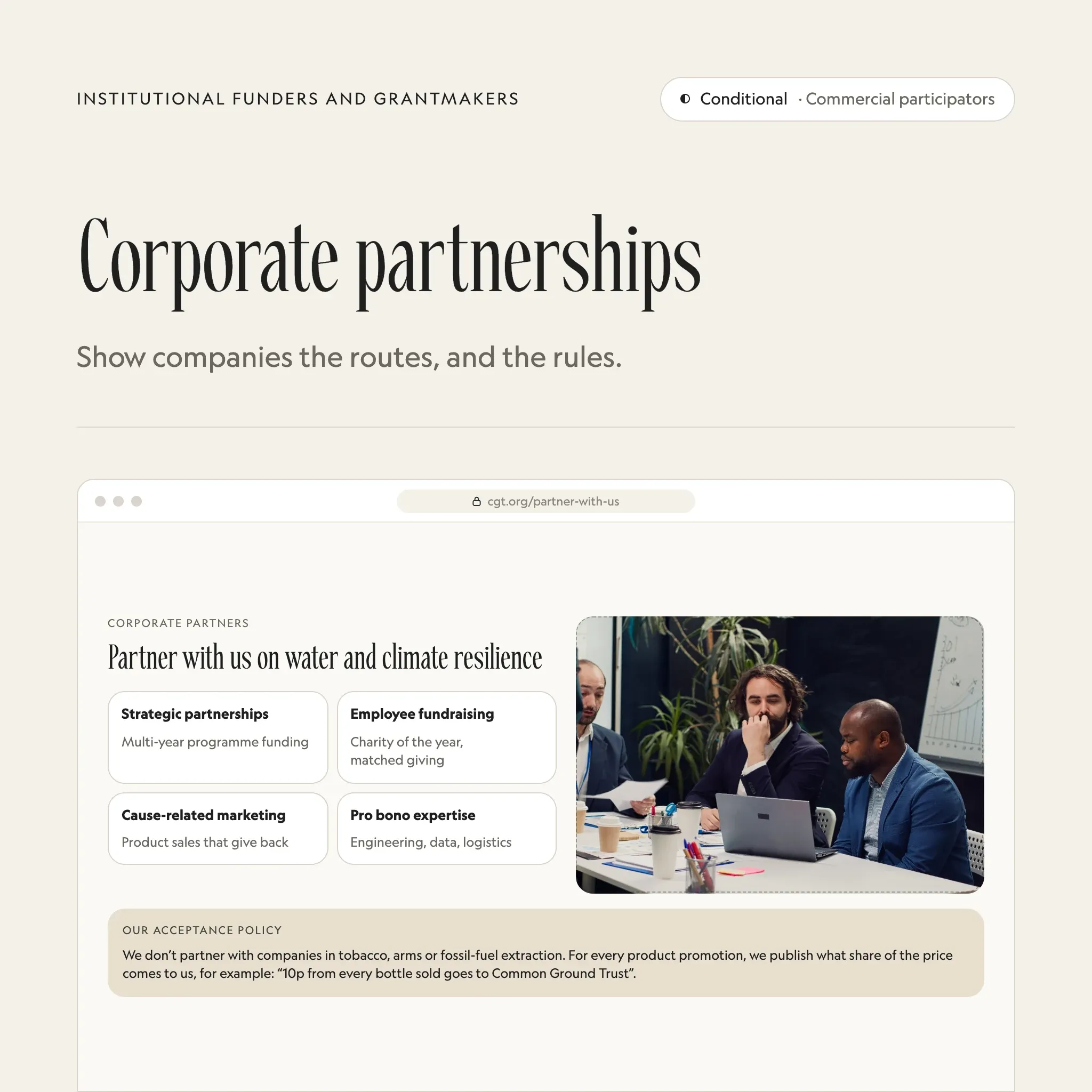 Corporate partnerships: an illustrated example of this section on a fictional charity's website