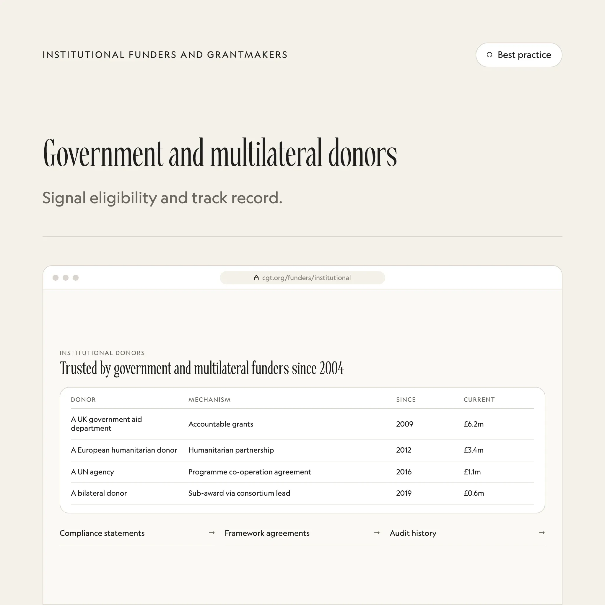 Government and multilateral donors: an illustrated example of this section on a fictional charity's website