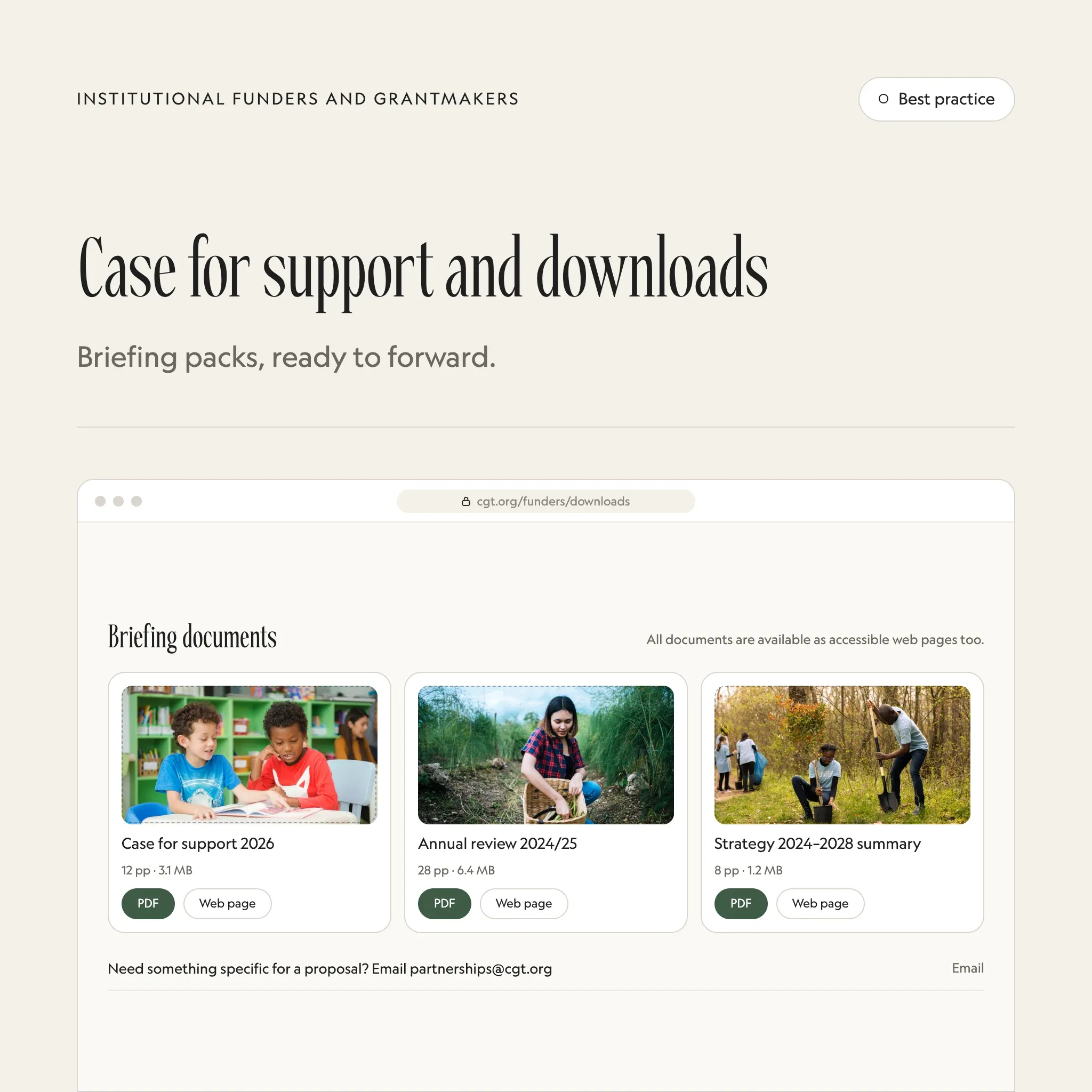 Case for support and downloads: an illustrated example of this section on a fictional charity's website