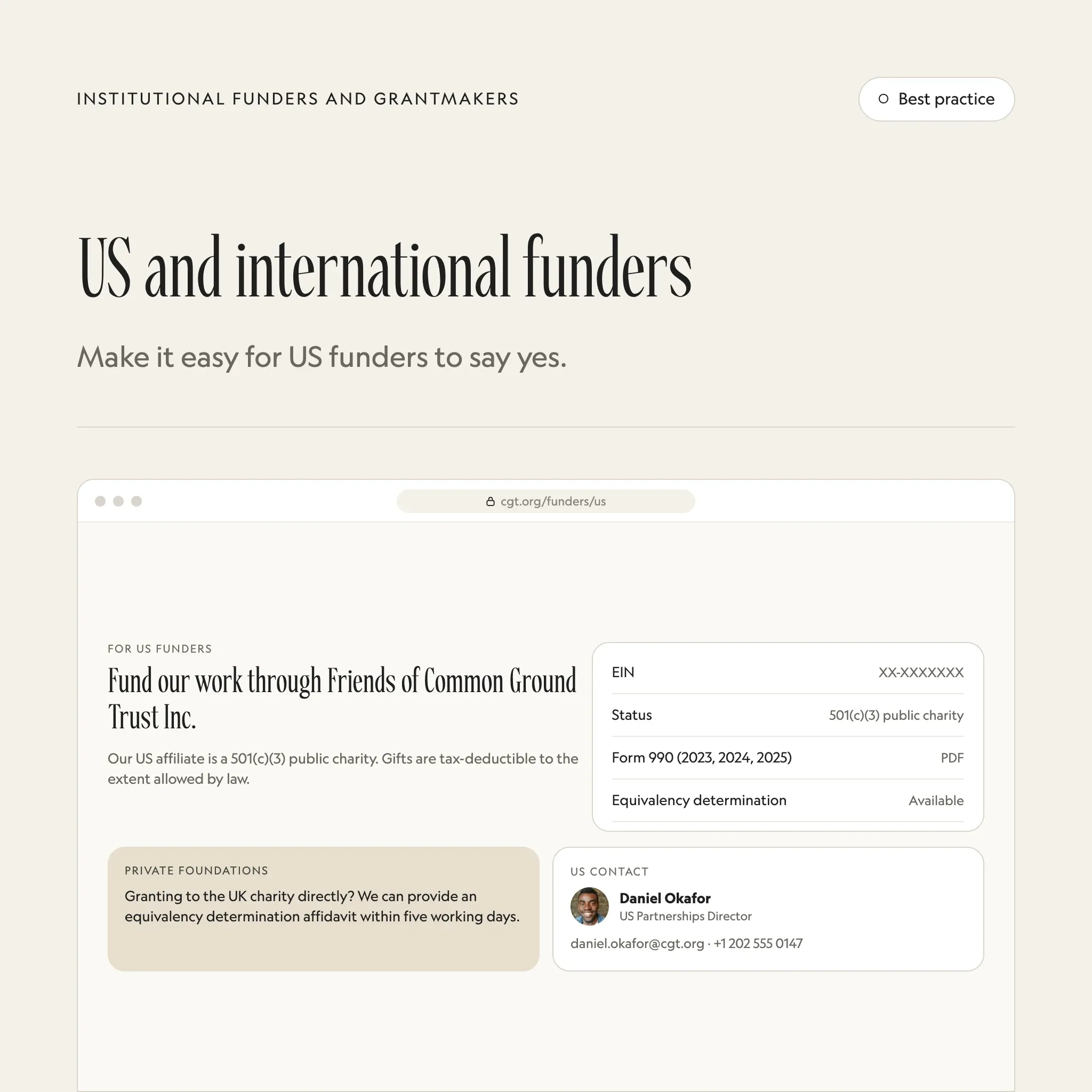 US funder information: an illustrated example of this section on a fictional charity's website