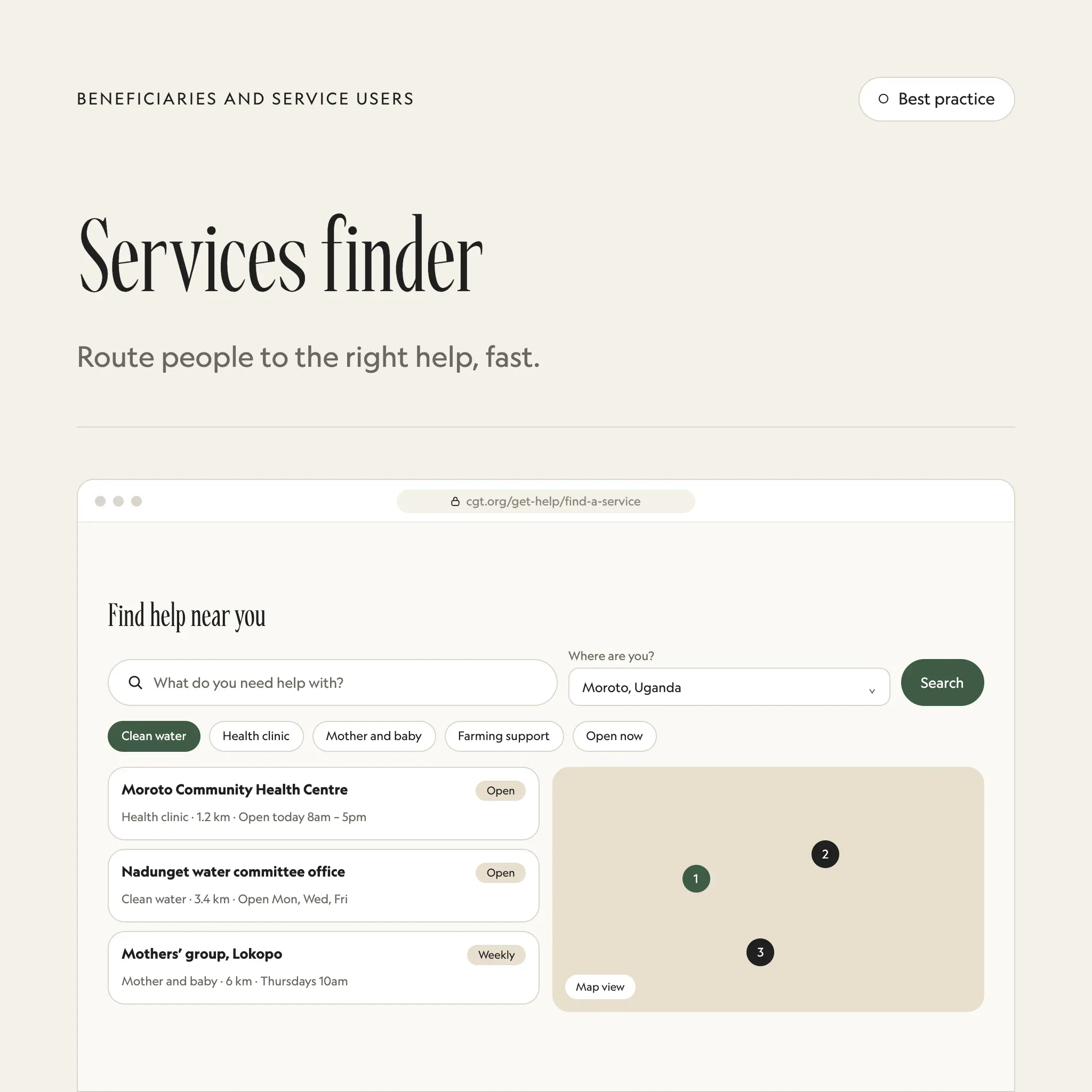 Services finder: an illustrated example of this section on a fictional charity's website