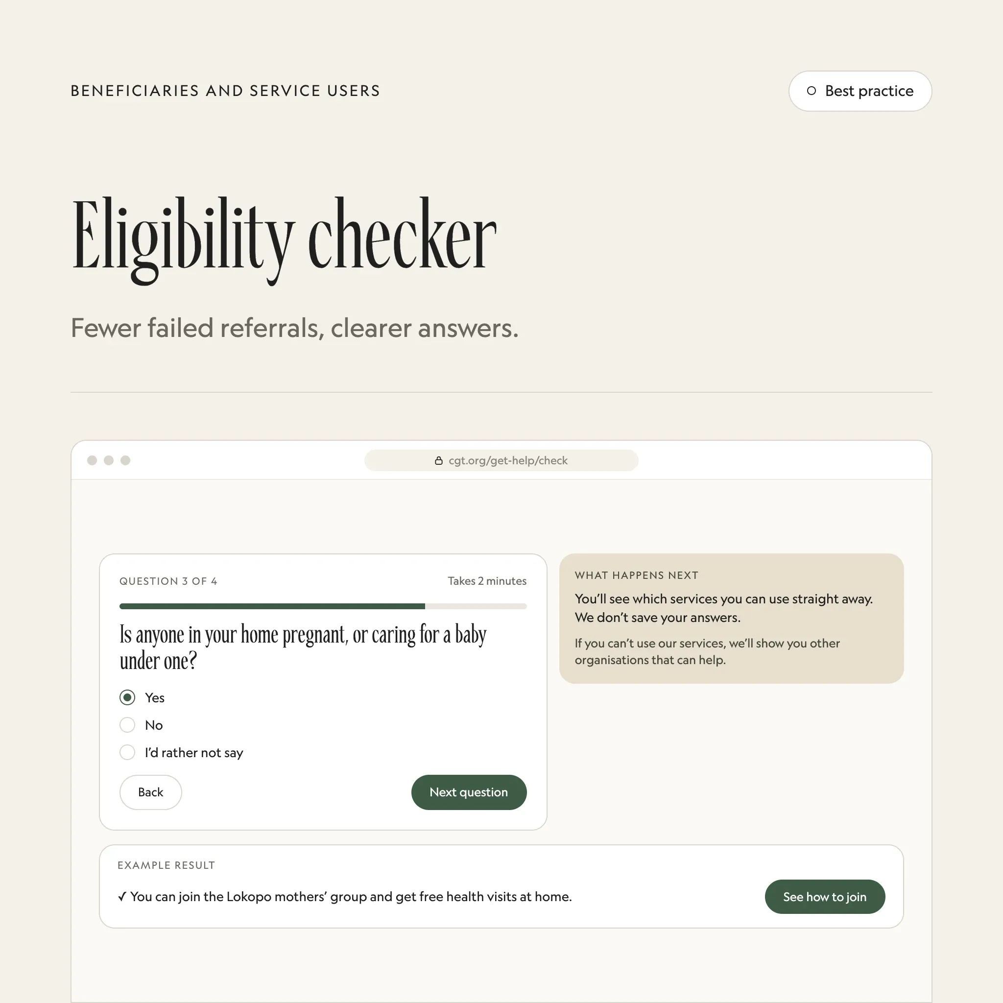 Eligibility checker: an illustrated example of this section on a fictional charity's website