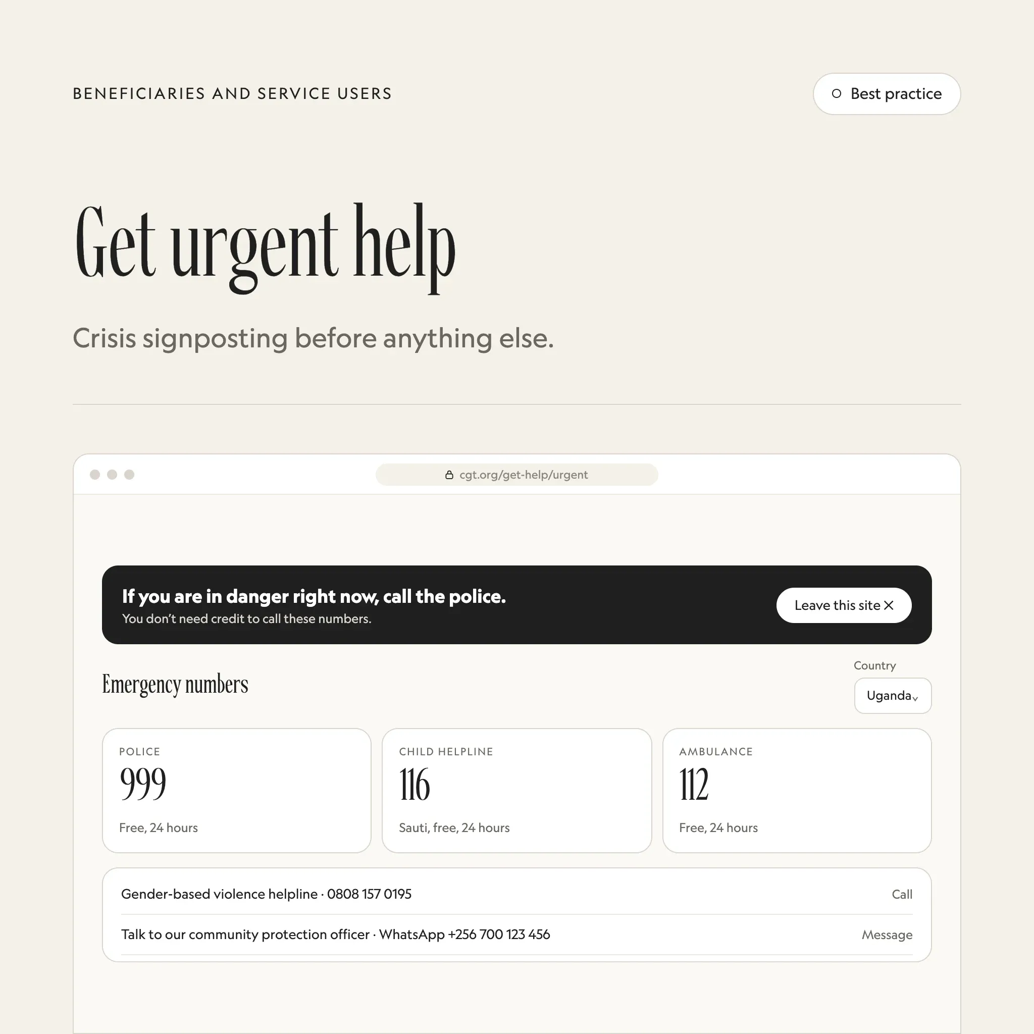 Get urgent help: an illustrated example of this section on a fictional charity's website