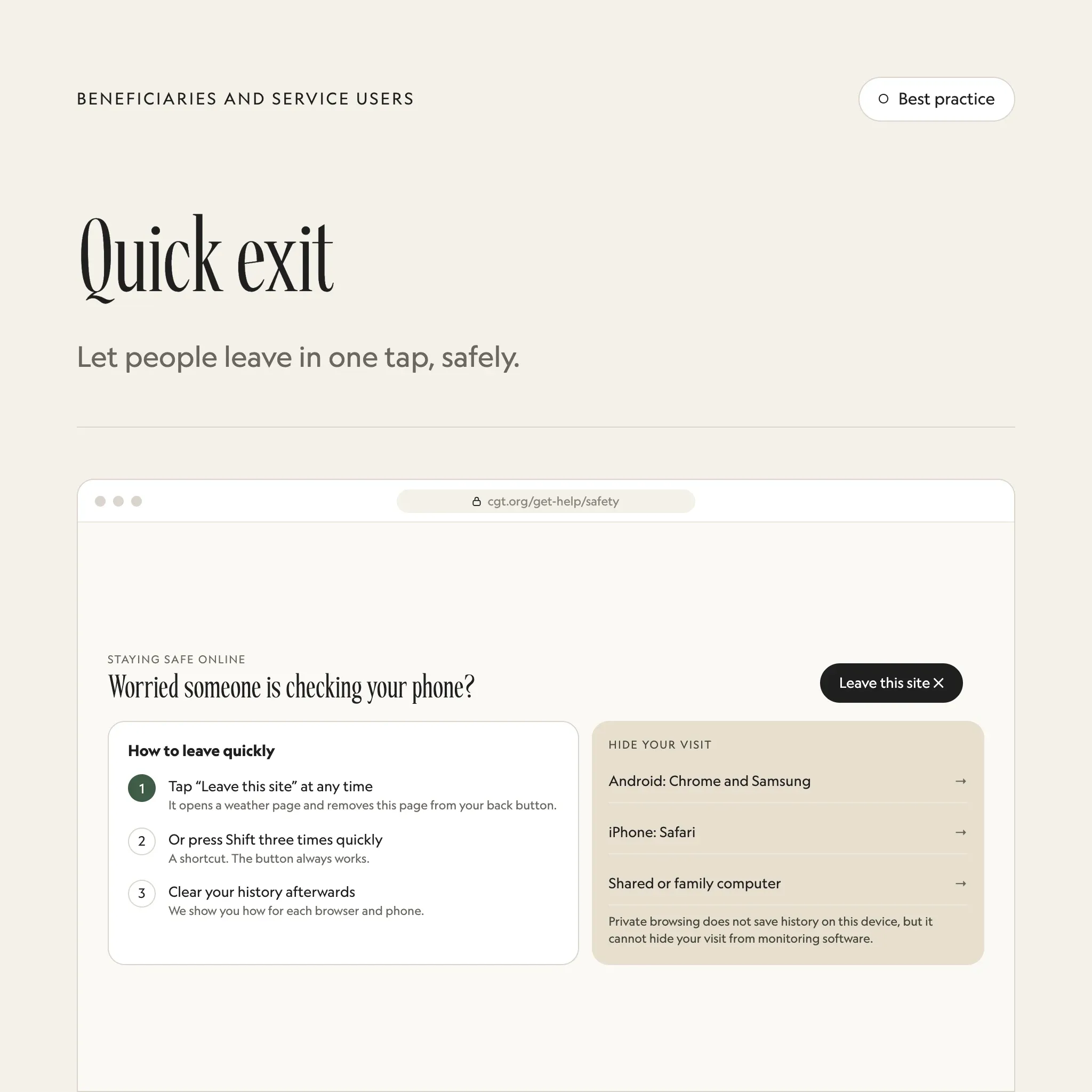 Quick exit: an illustrated example of this section on a fictional charity's website