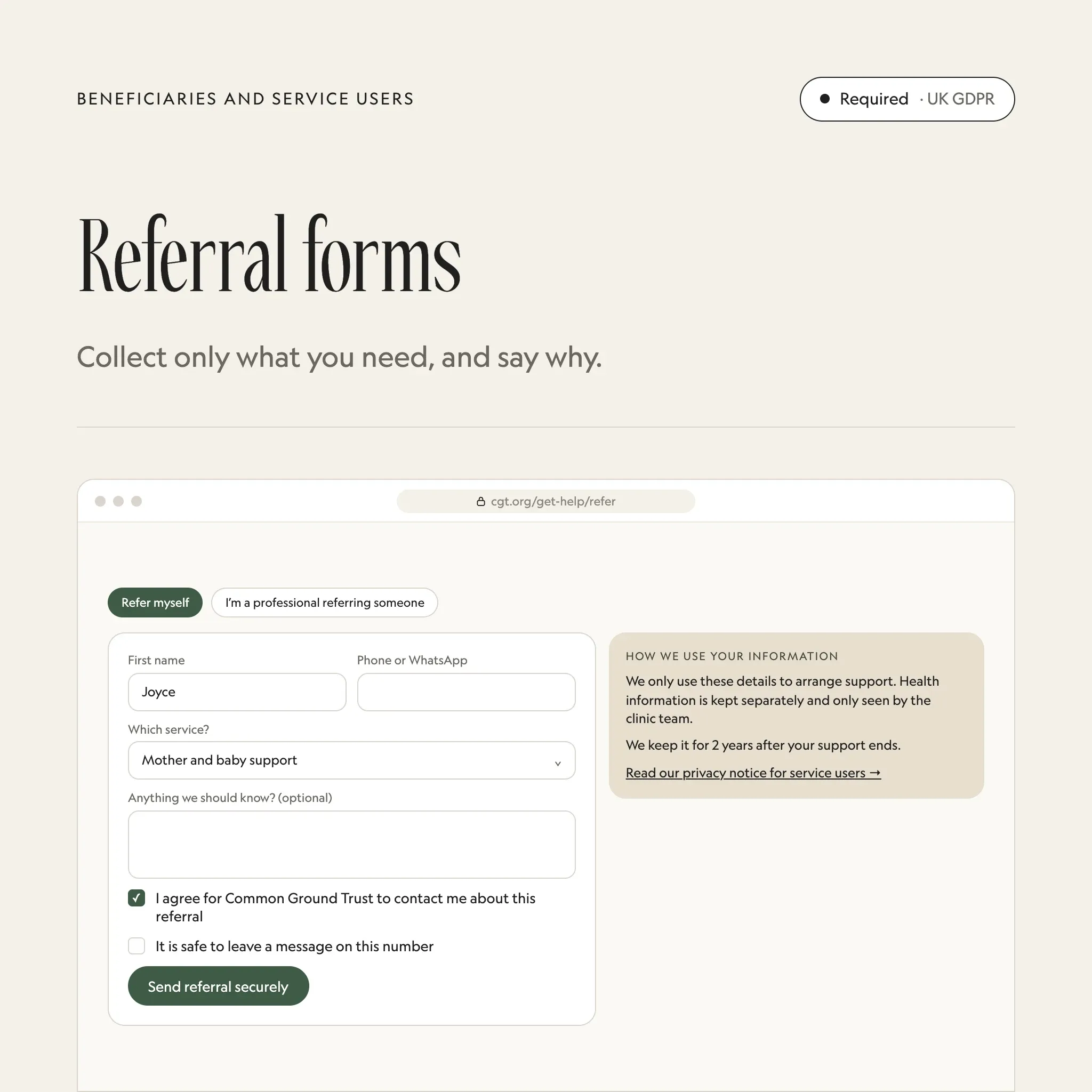 Referral forms: an illustrated example of this section on a fictional charity's website