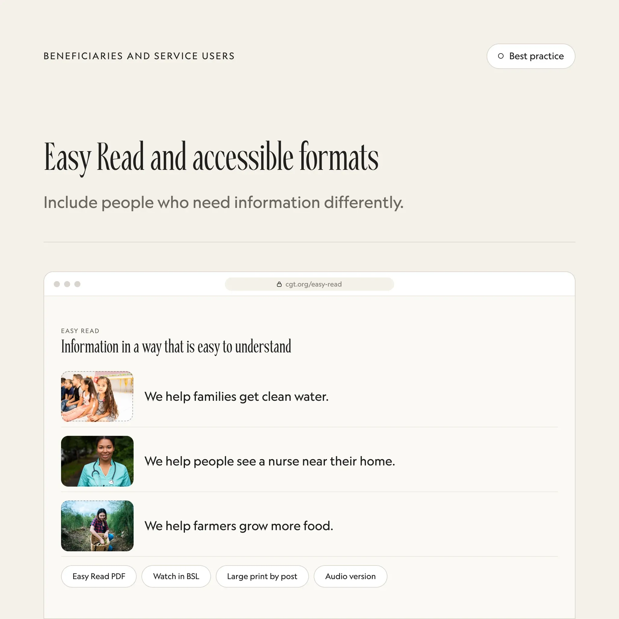 Easy Read and accessible formats: an illustrated example of this section on a fictional charity's website
