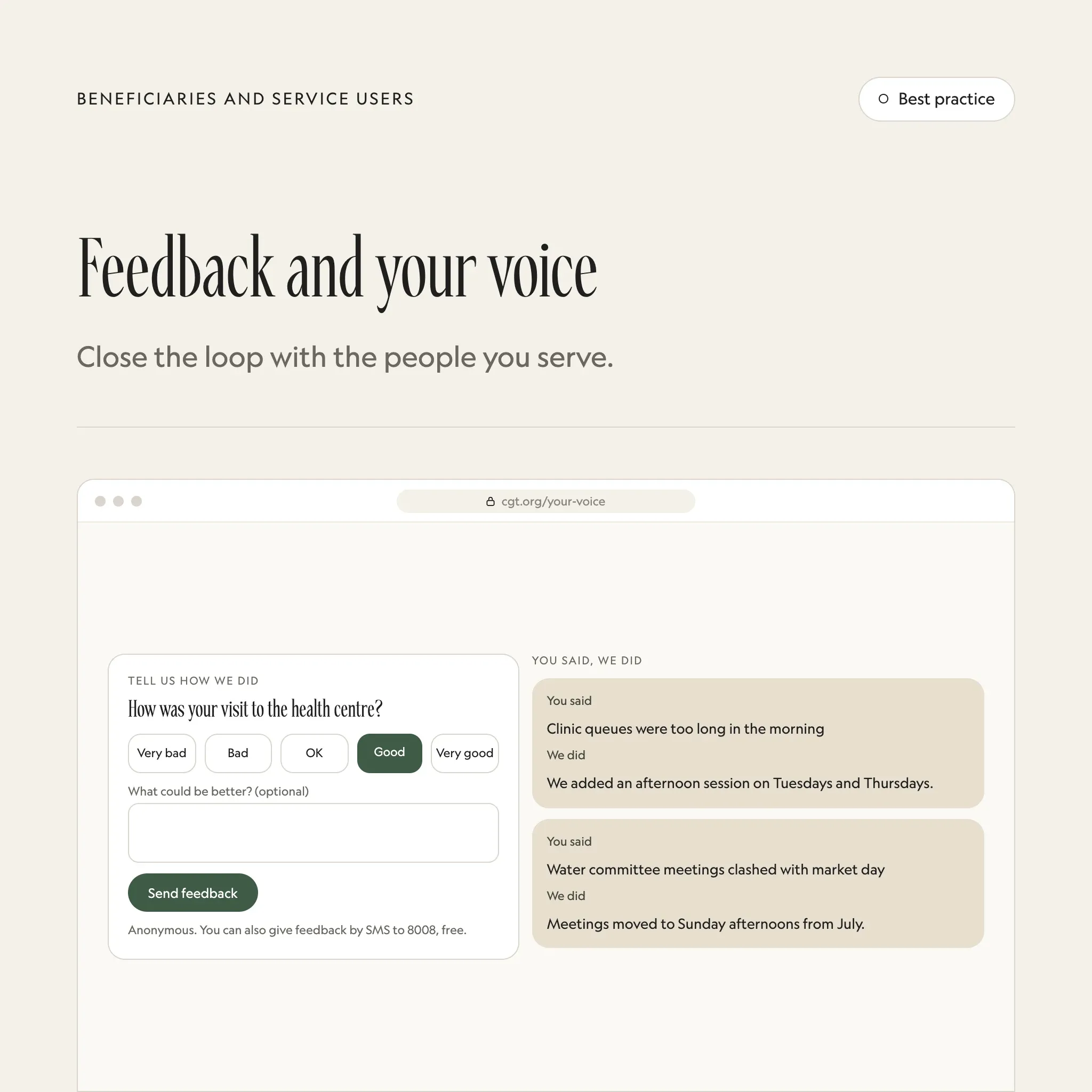 Feedback and your voice: an illustrated example of this section on a fictional charity's website