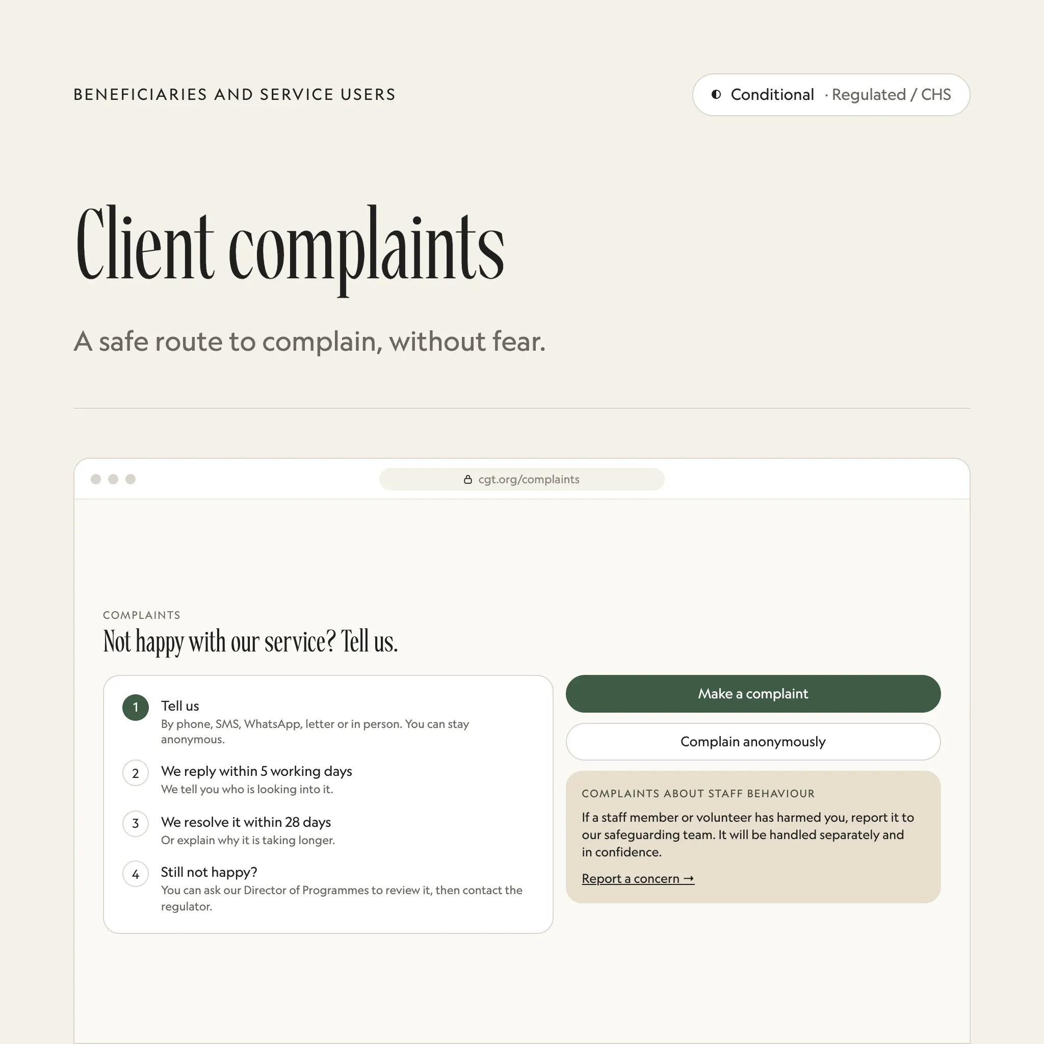 Complaints from service users: an illustrated example of this section on a fictional charity's website