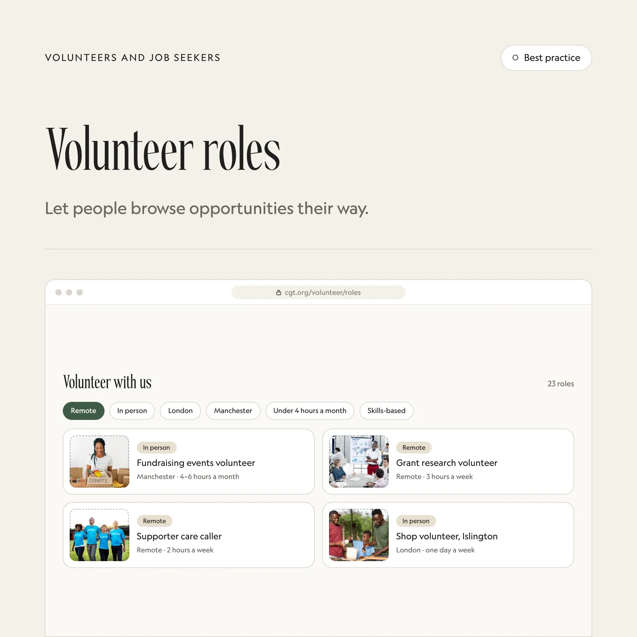 Volunteer roles listing: an illustrated example of this section on a fictional charity's website