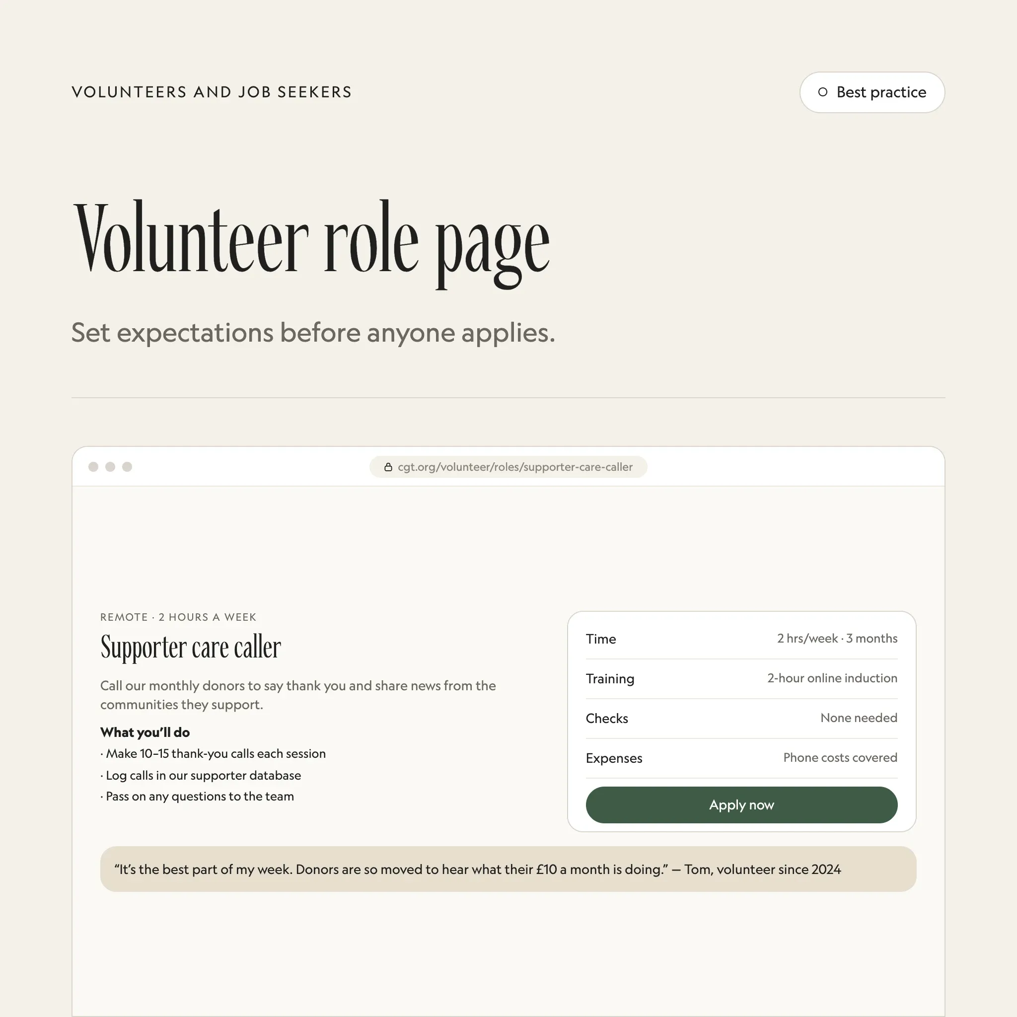 Volunteer role page: an illustrated example of this section on a fictional charity's website
